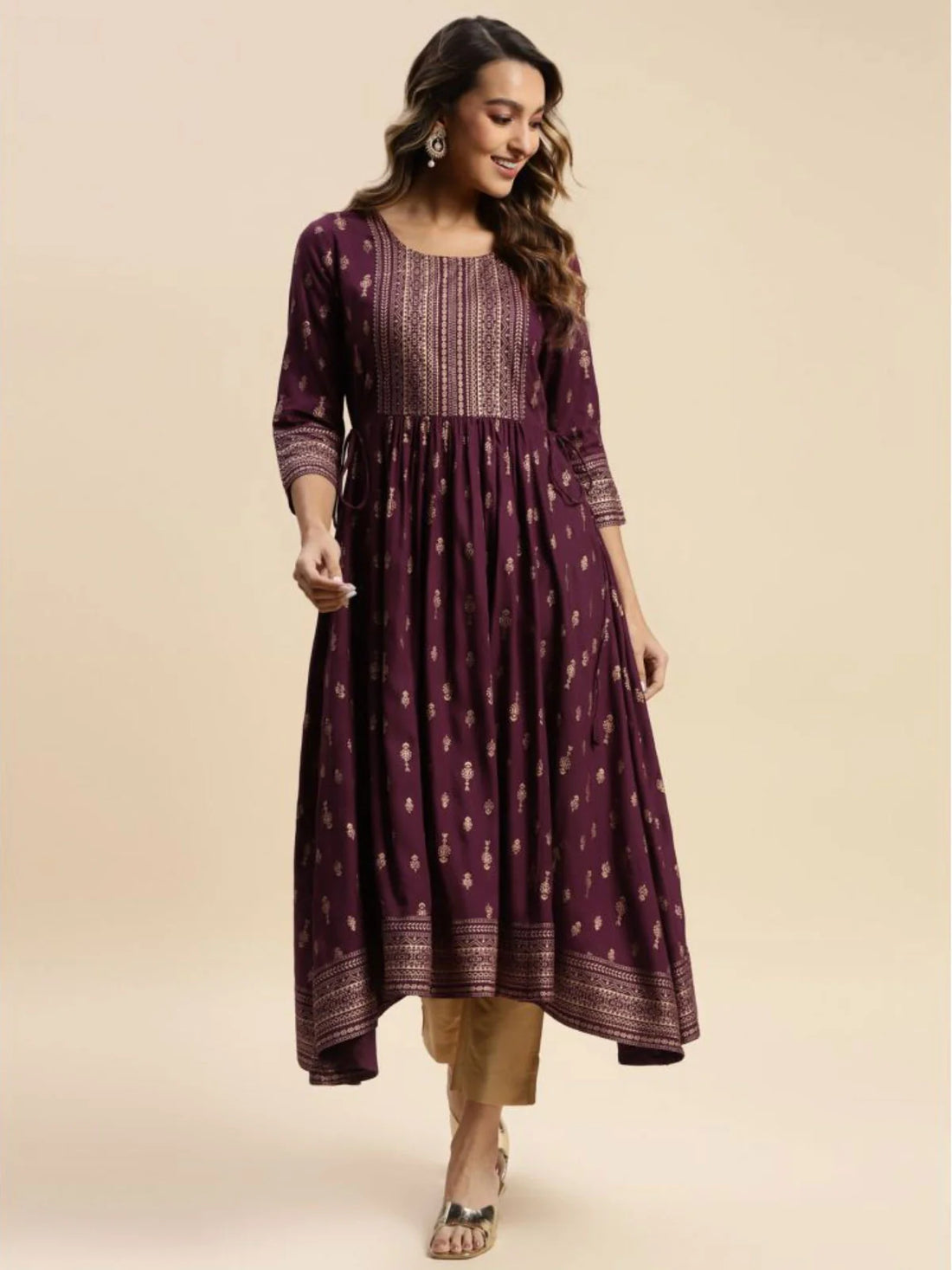 Buy Rayon Gold Printed Calf Length Kurta Anarkali-Wine