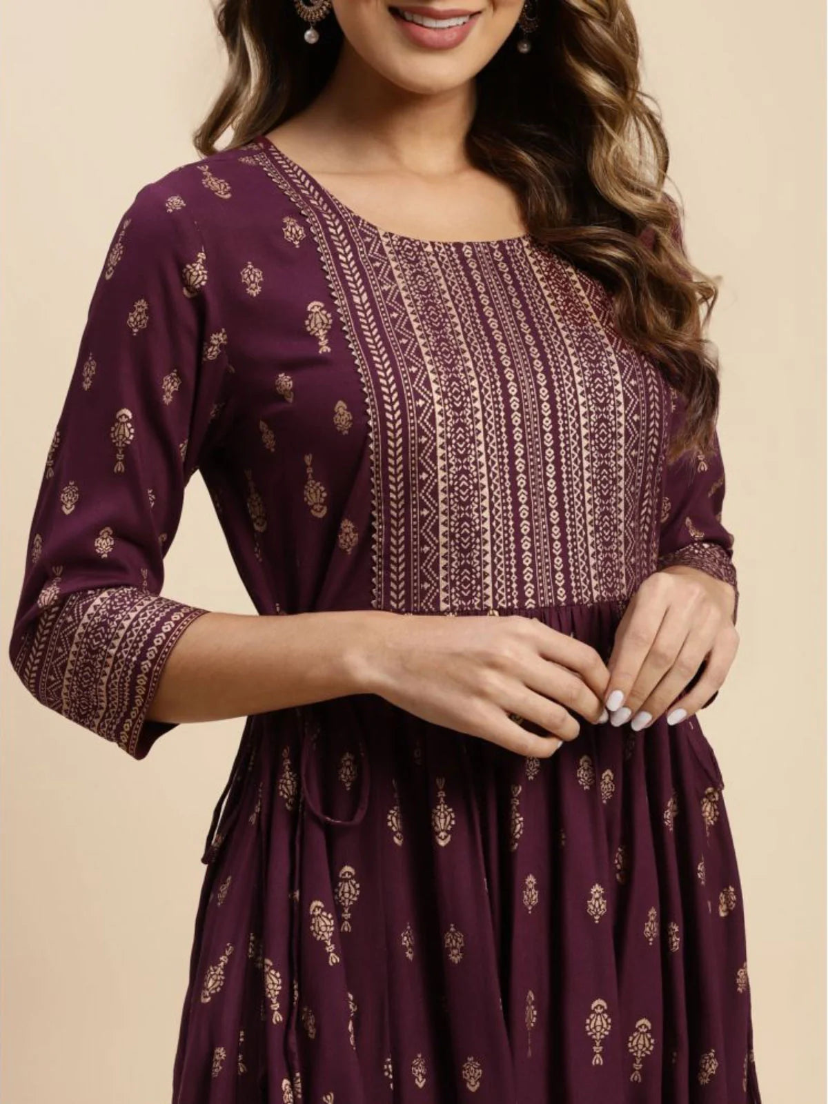 Buy Rayon Gold Printed Calf Length Kurta Anarkali-Wine