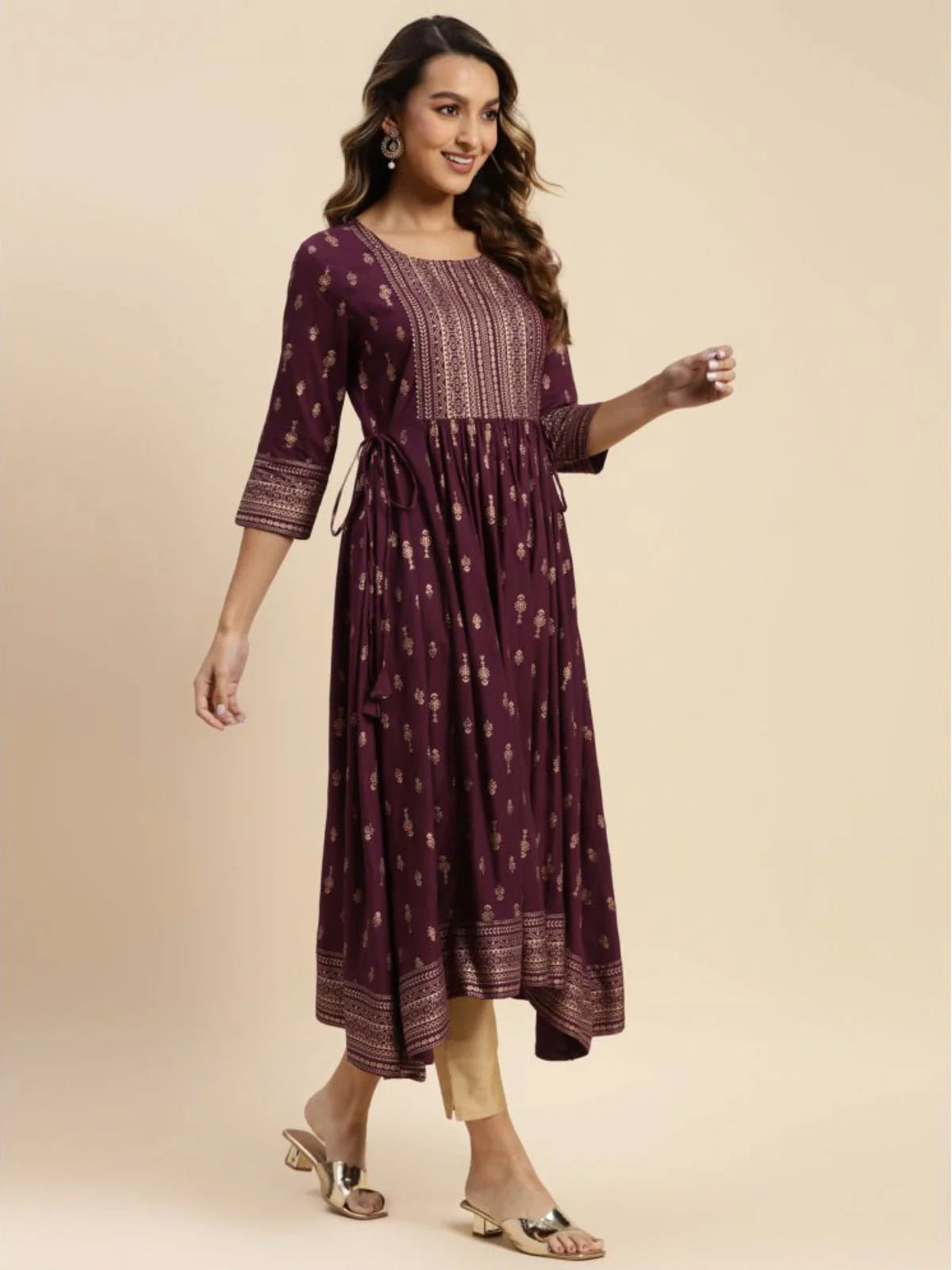 Buy Rayon Gold Printed Calf Length Kurta Anarkali-Wine