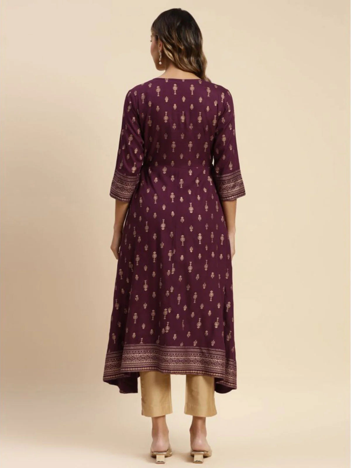 Buy Rayon Gold Printed Calf Length Kurta Anarkali-Wine