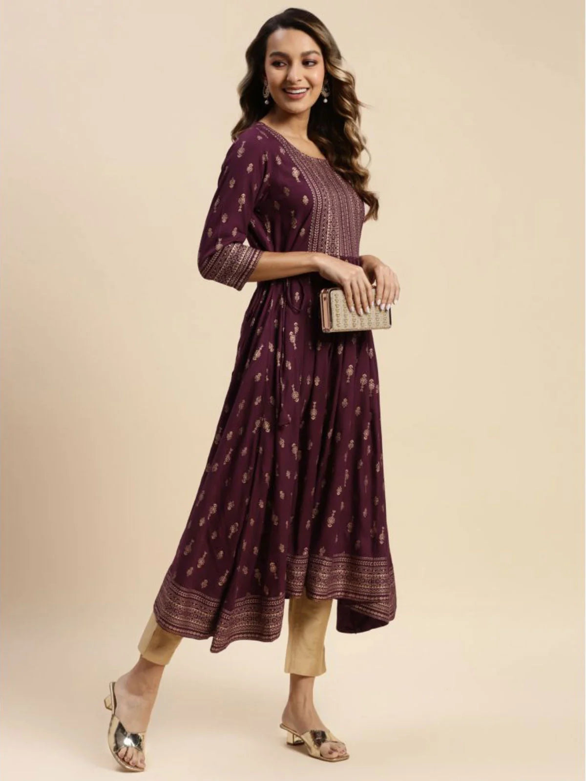 Buy Rayon Gold Printed Calf Length Kurta Anarkali-Wine