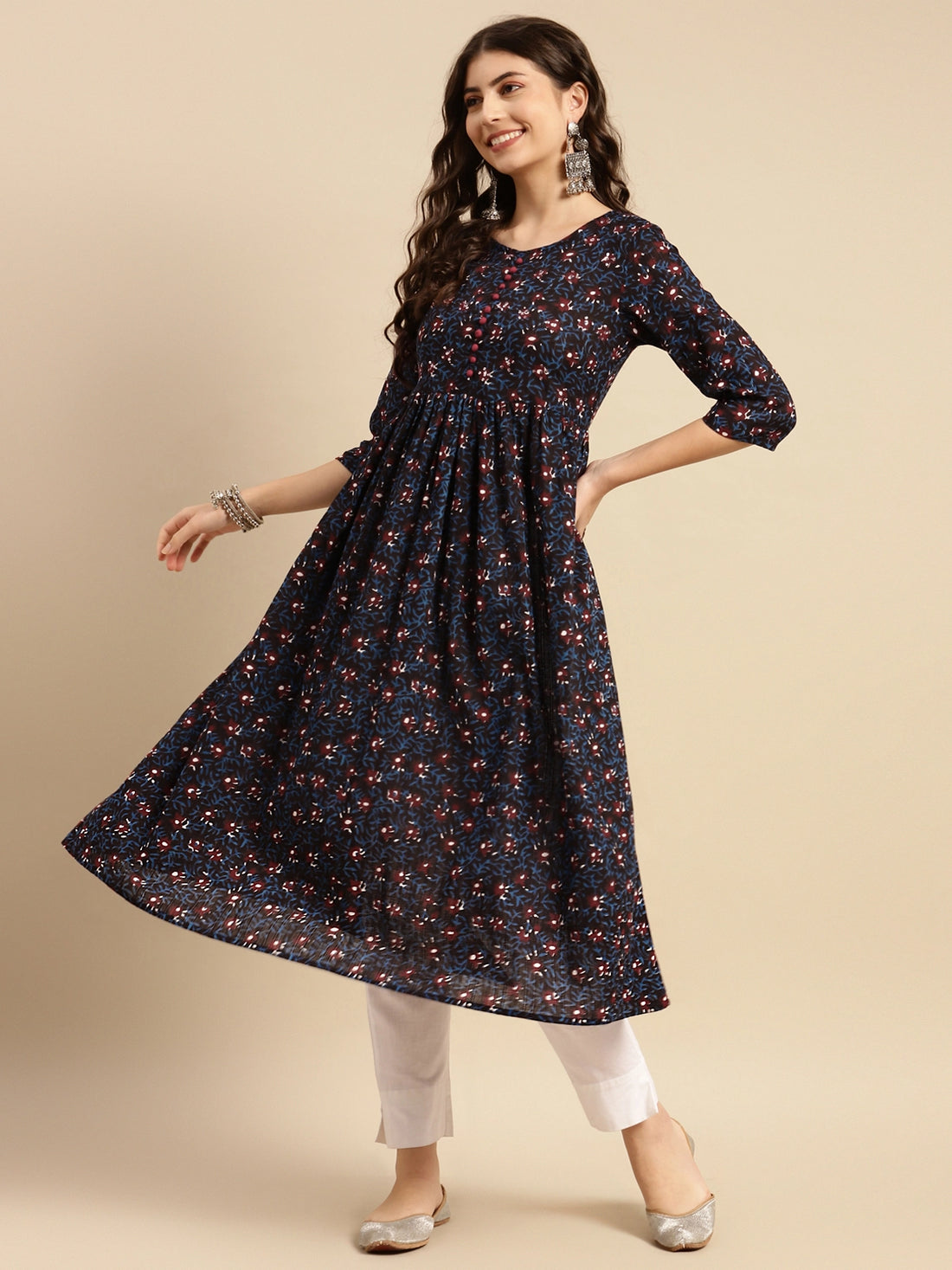 Buy 100% Cotton Printed Calf Length Kurta Gathered At Waist-Black