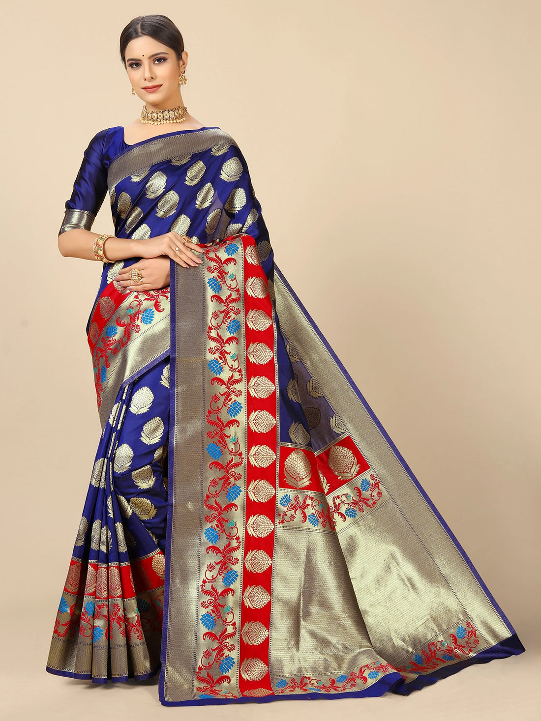 Buy Banarasi Silk Zari Work Saree With Blouse Piece-Navy Blue