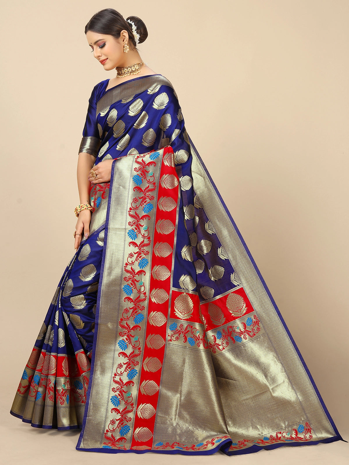 Buy Banarasi Silk Zari Work Saree With Blouse Piece-Navy Blue