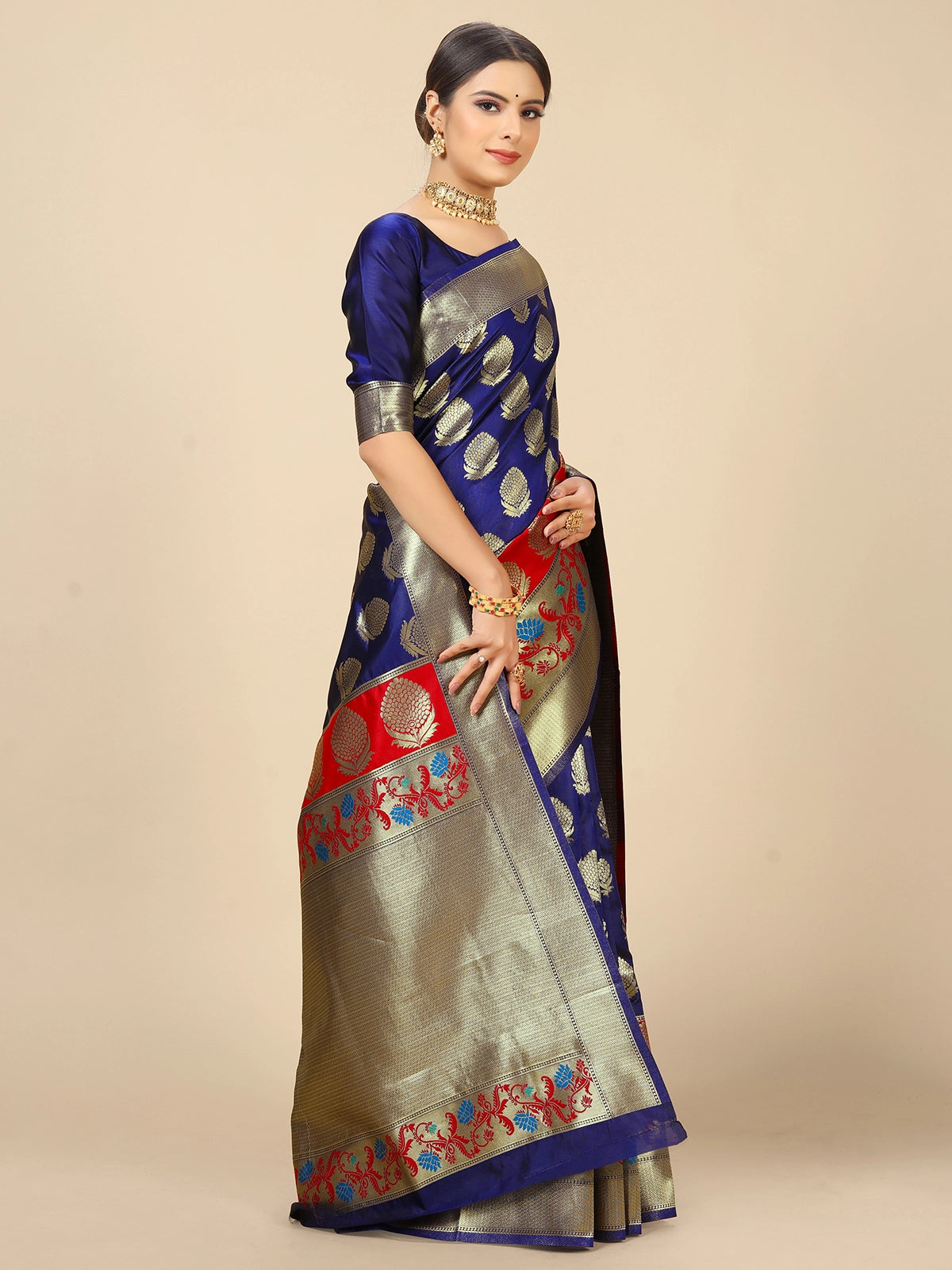 Buy Banarasi Silk Zari Work Saree With Blouse Piece-Navy Blue