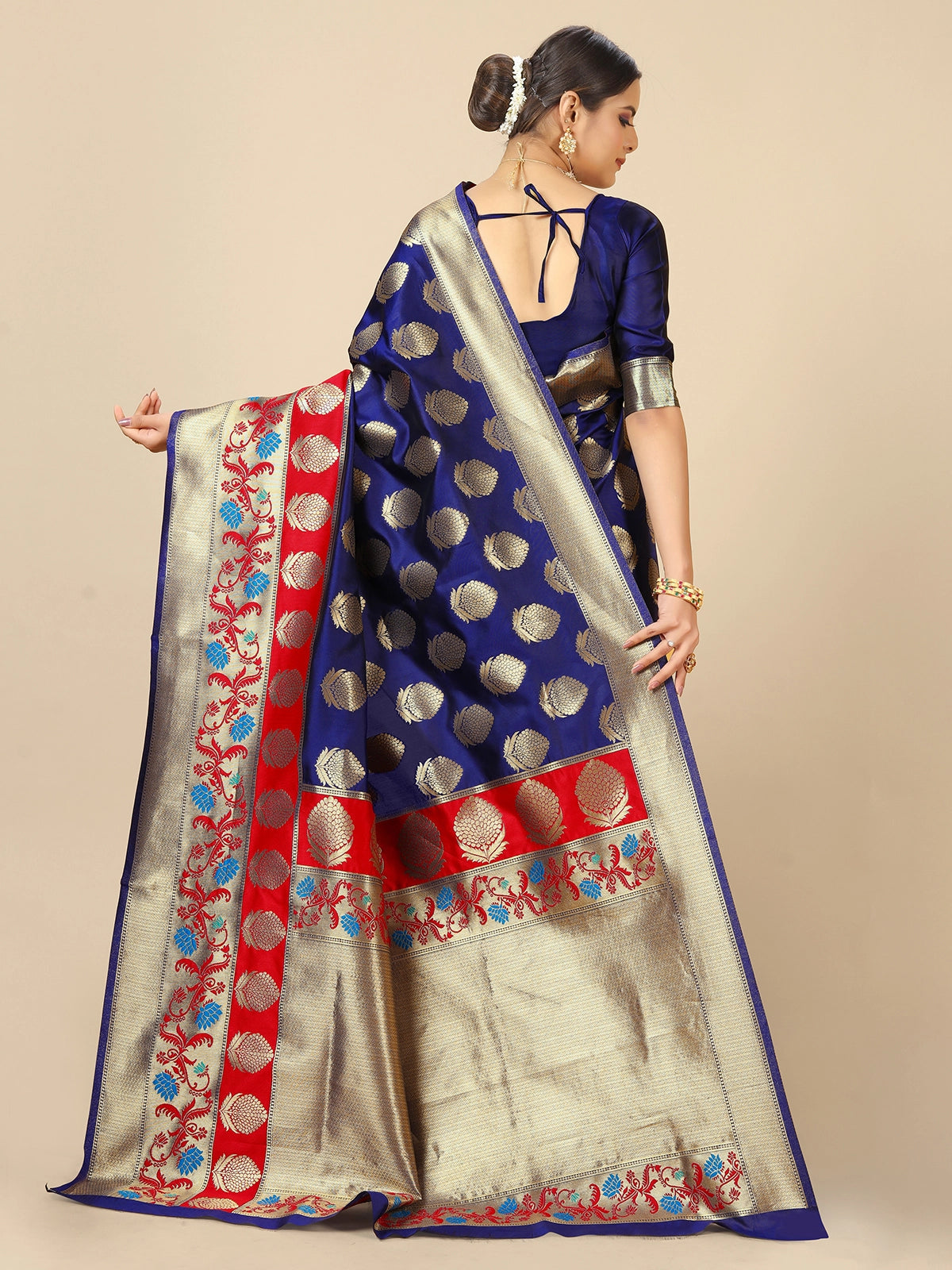 Buy Banarasi Silk Zari Work Saree With Blouse Piece-Navy Blue