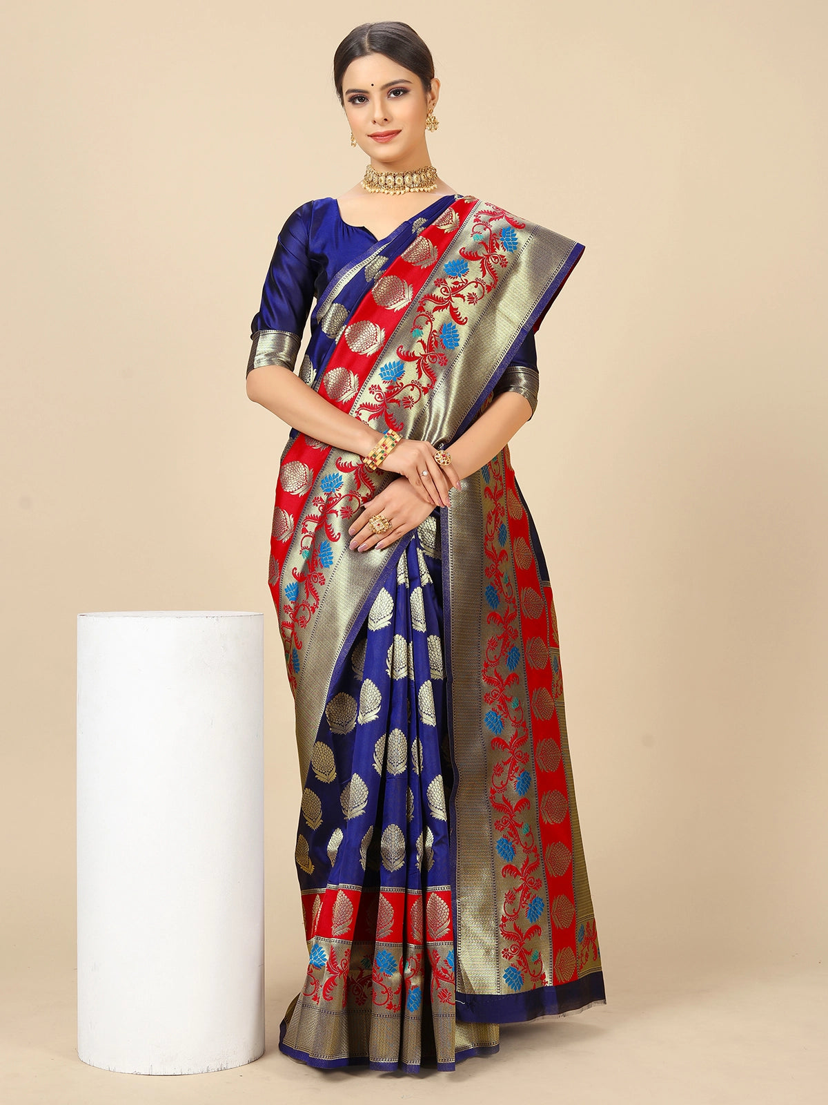 Buy Banarasi Silk Zari Work Saree With Blouse Piece-Navy Blue