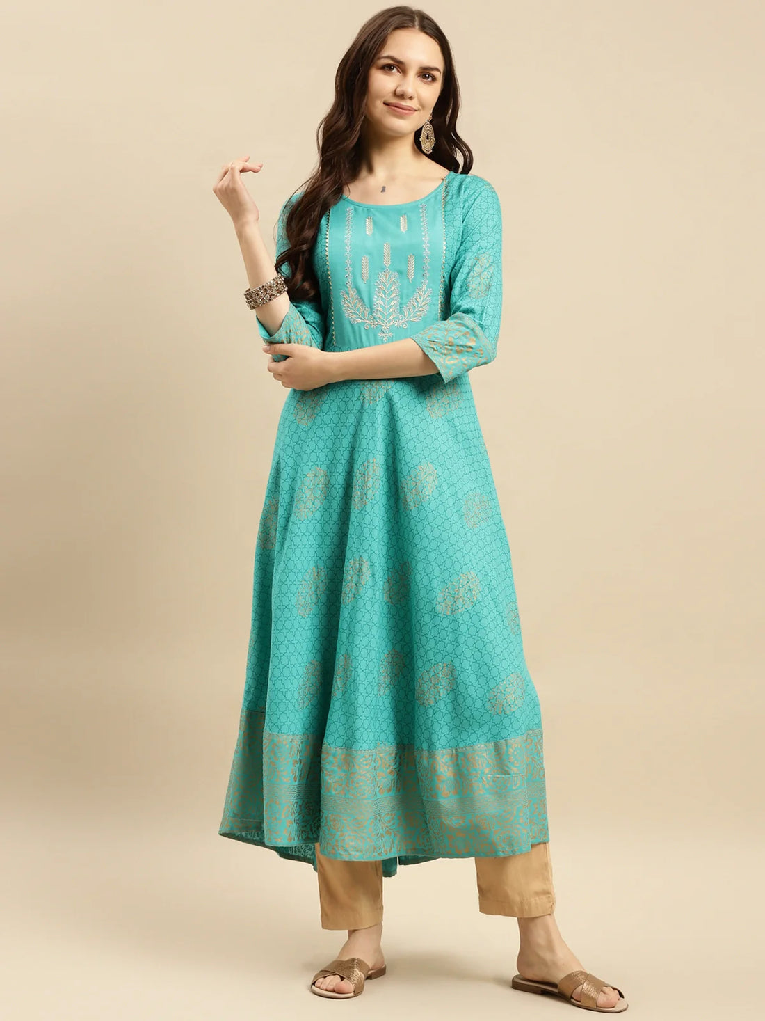 Buy Rayon Yoke Embroidered Gold Printed Calf Length Anarkali Kurta-Green