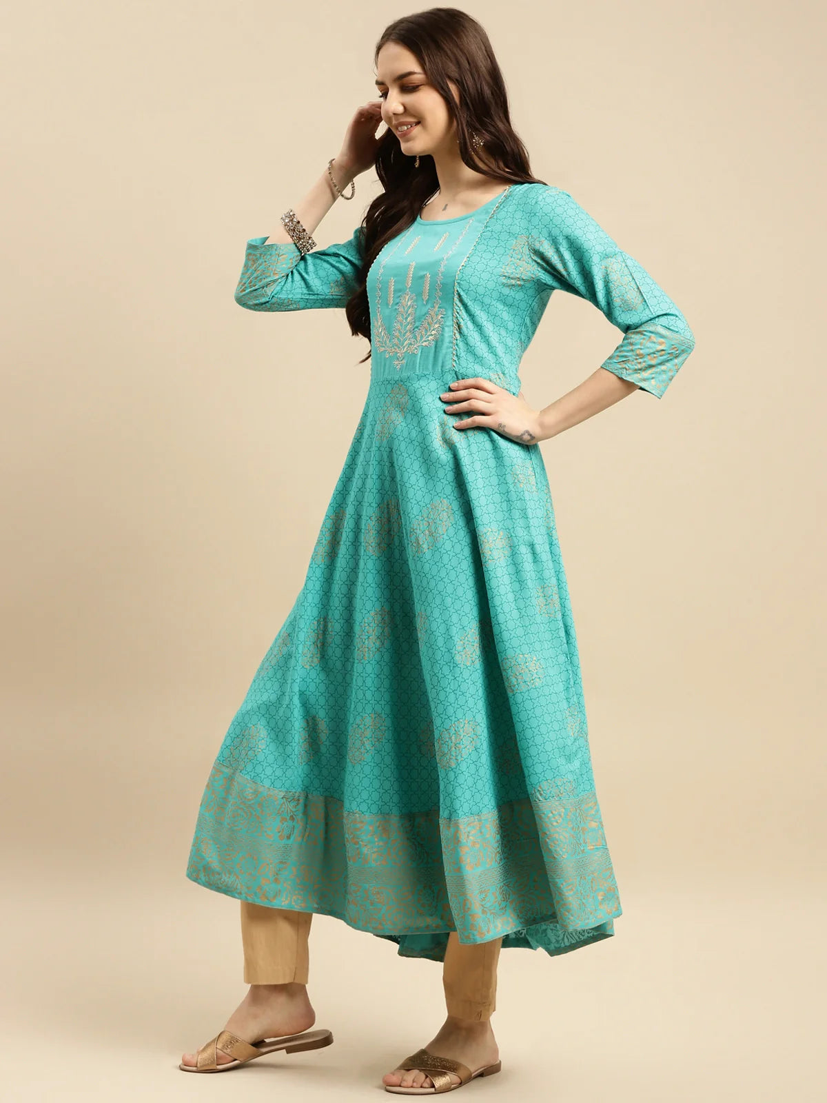 Buy Rayon Yoke Embroidered Gold Printed Calf Length Anarkali Kurta-Green