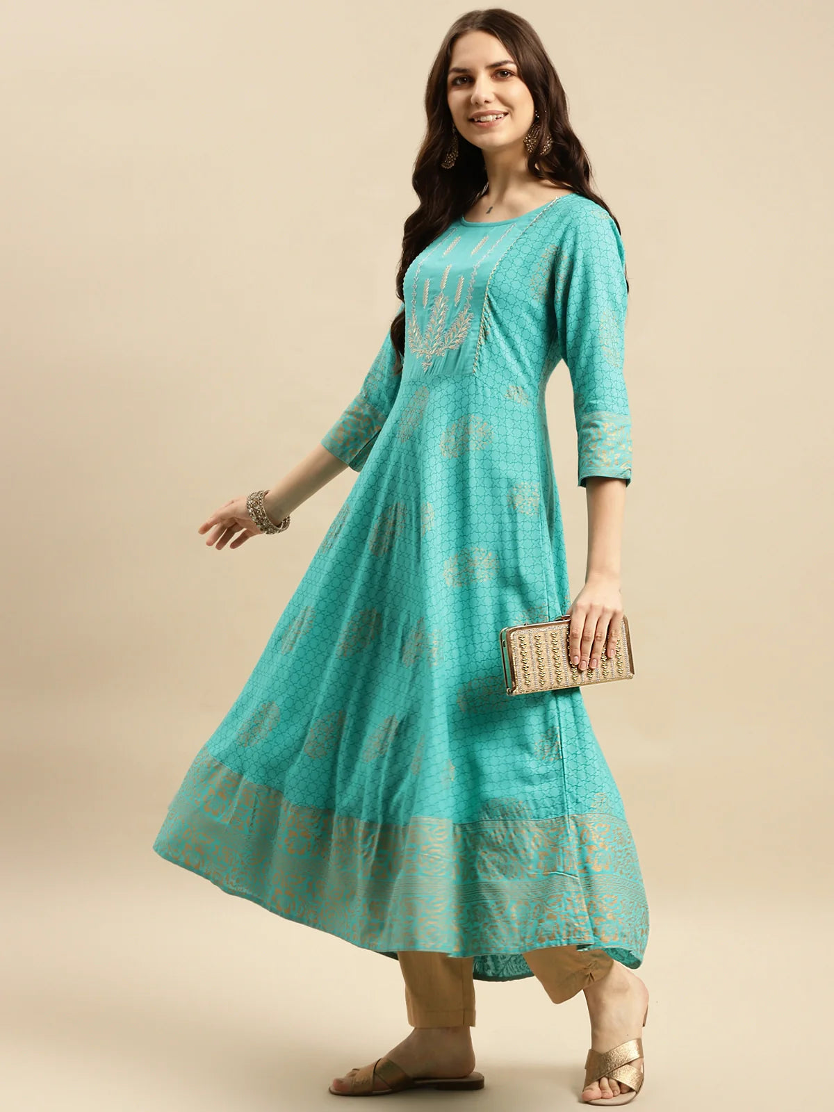 Buy Rayon Yoke Embroidered Gold Printed Calf Length Anarkali Kurta-Green