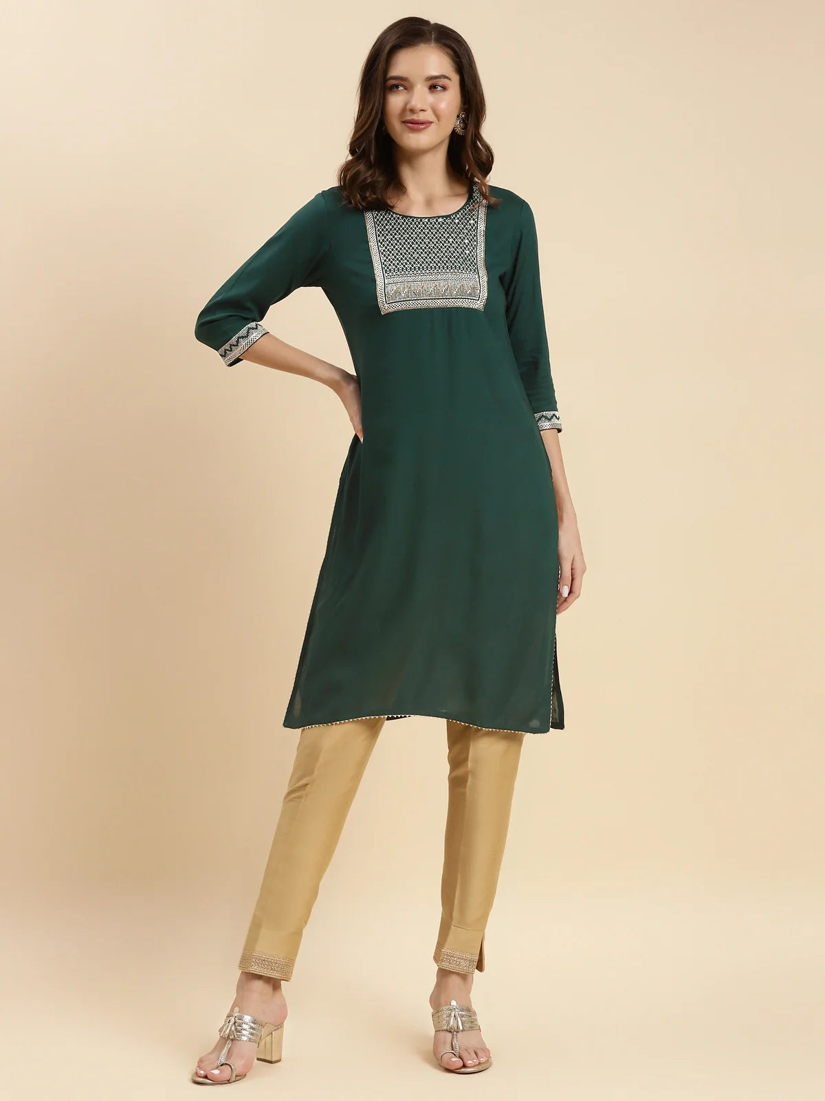 Buy Rayon Embroidered Knee Length Straight Kurta-Green