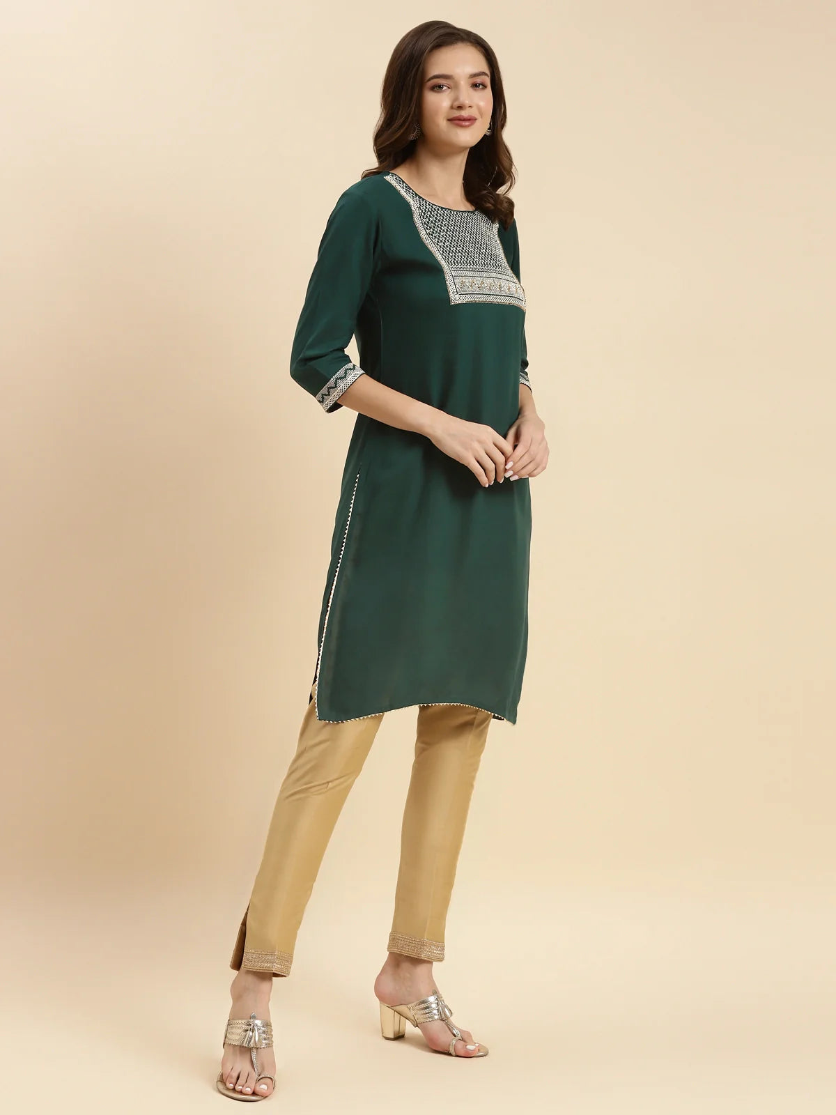 Buy Rayon Embroidered Knee Length Straight Kurta-Green