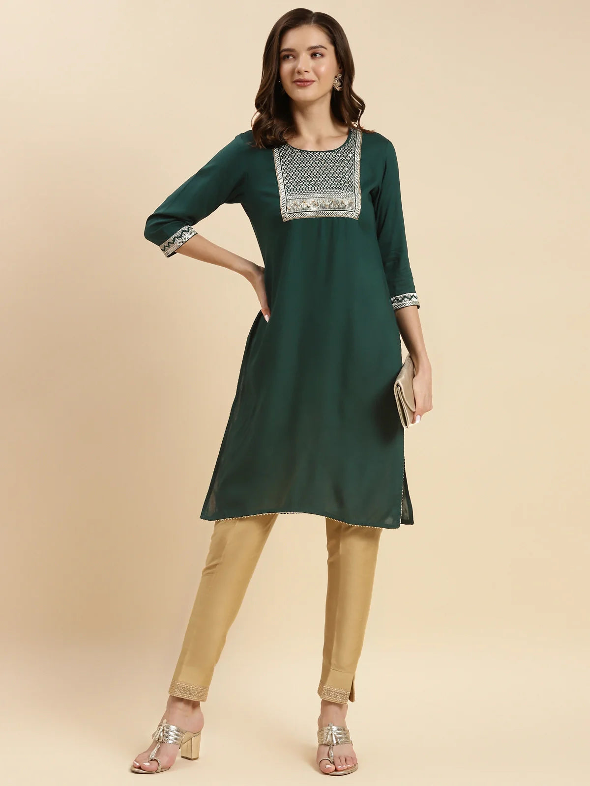 Buy Rayon Embroidered Knee Length Straight Kurta-Green