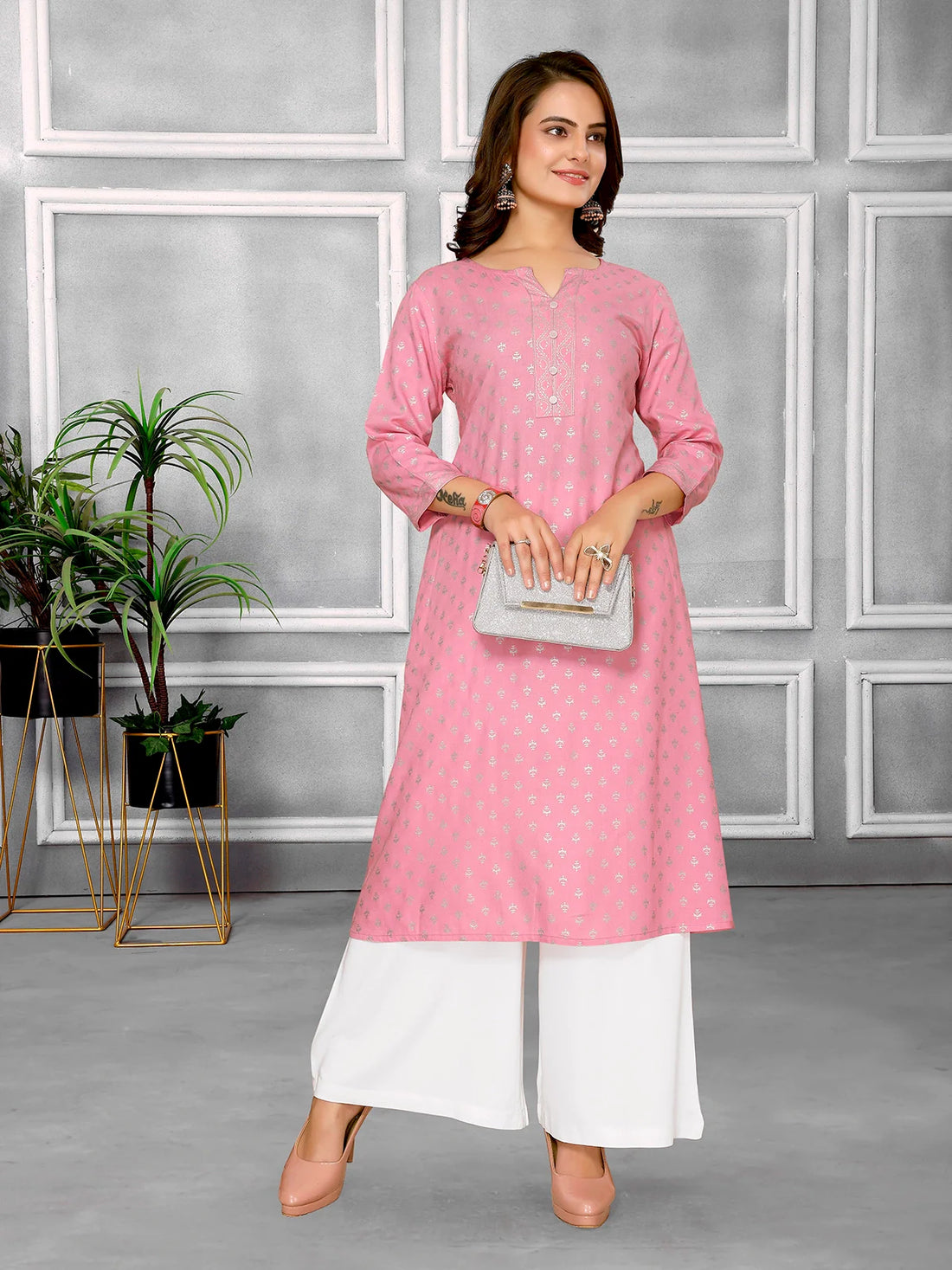 Buy Rayon Printed Calf Length A-line Kurta-Pink