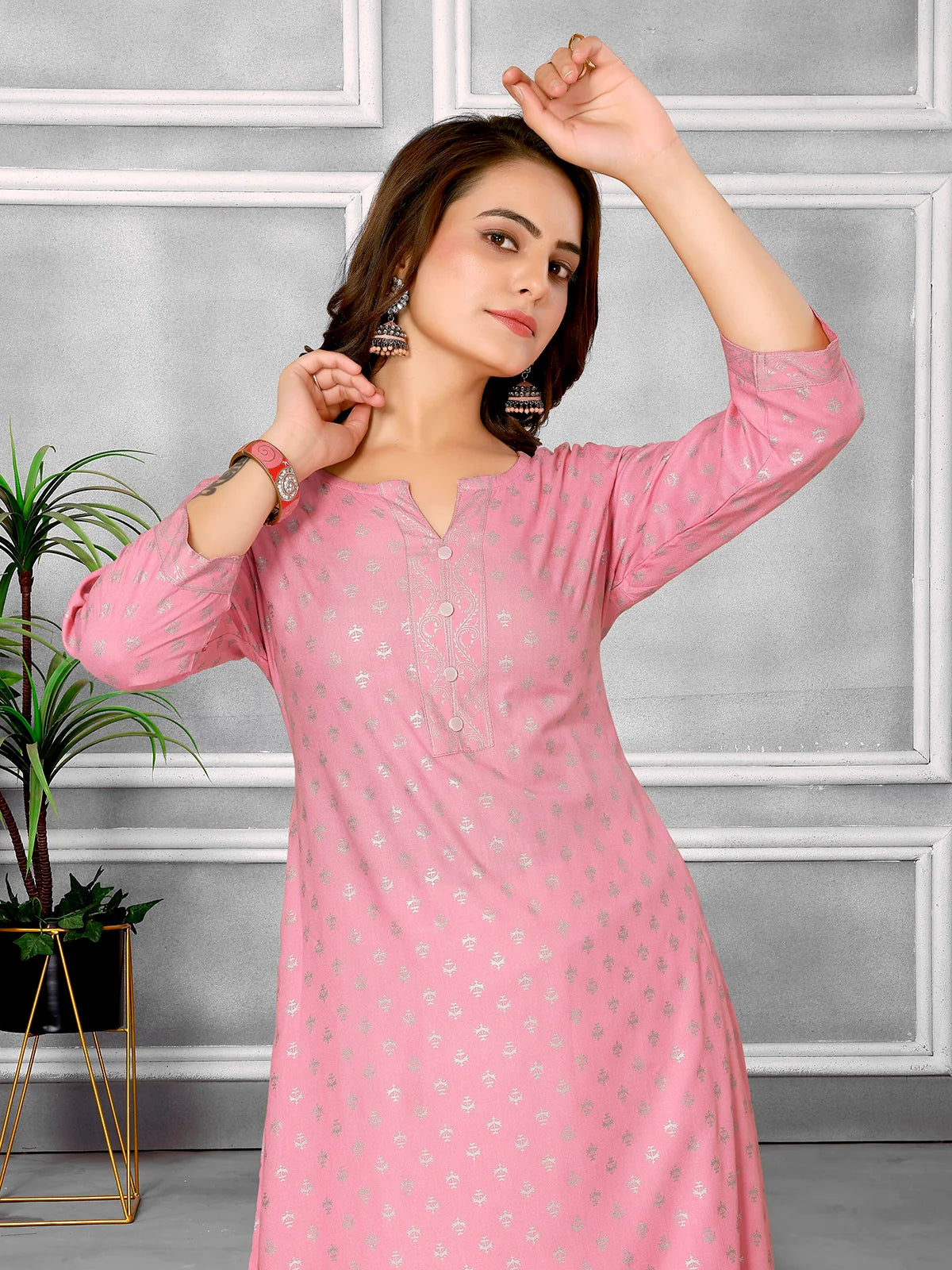 Buy Rayon Printed Calf Length A-line Kurta-Pink