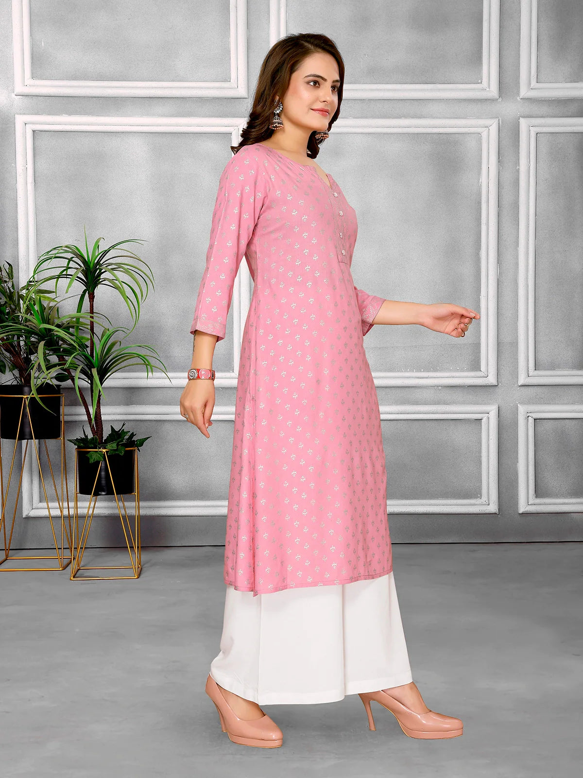 Buy Rayon Printed Calf Length A-line Kurta-Pink