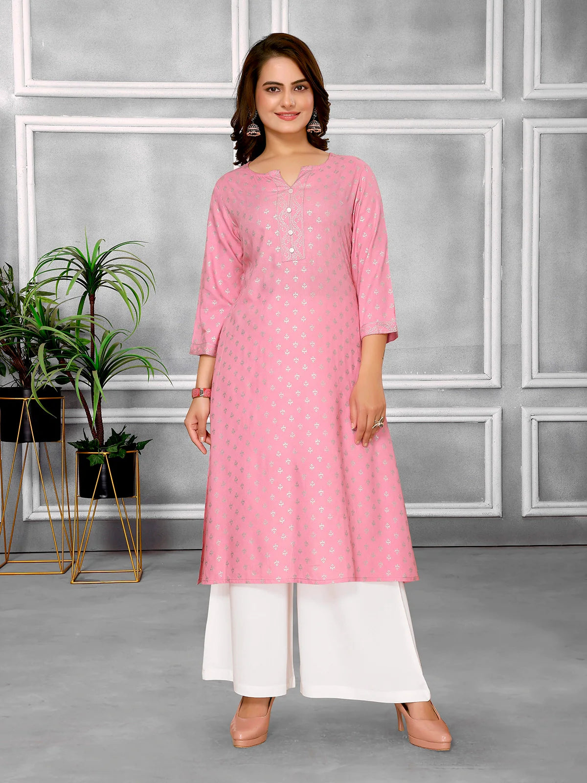 Buy Rayon Printed Calf Length A-line Kurta-Pink