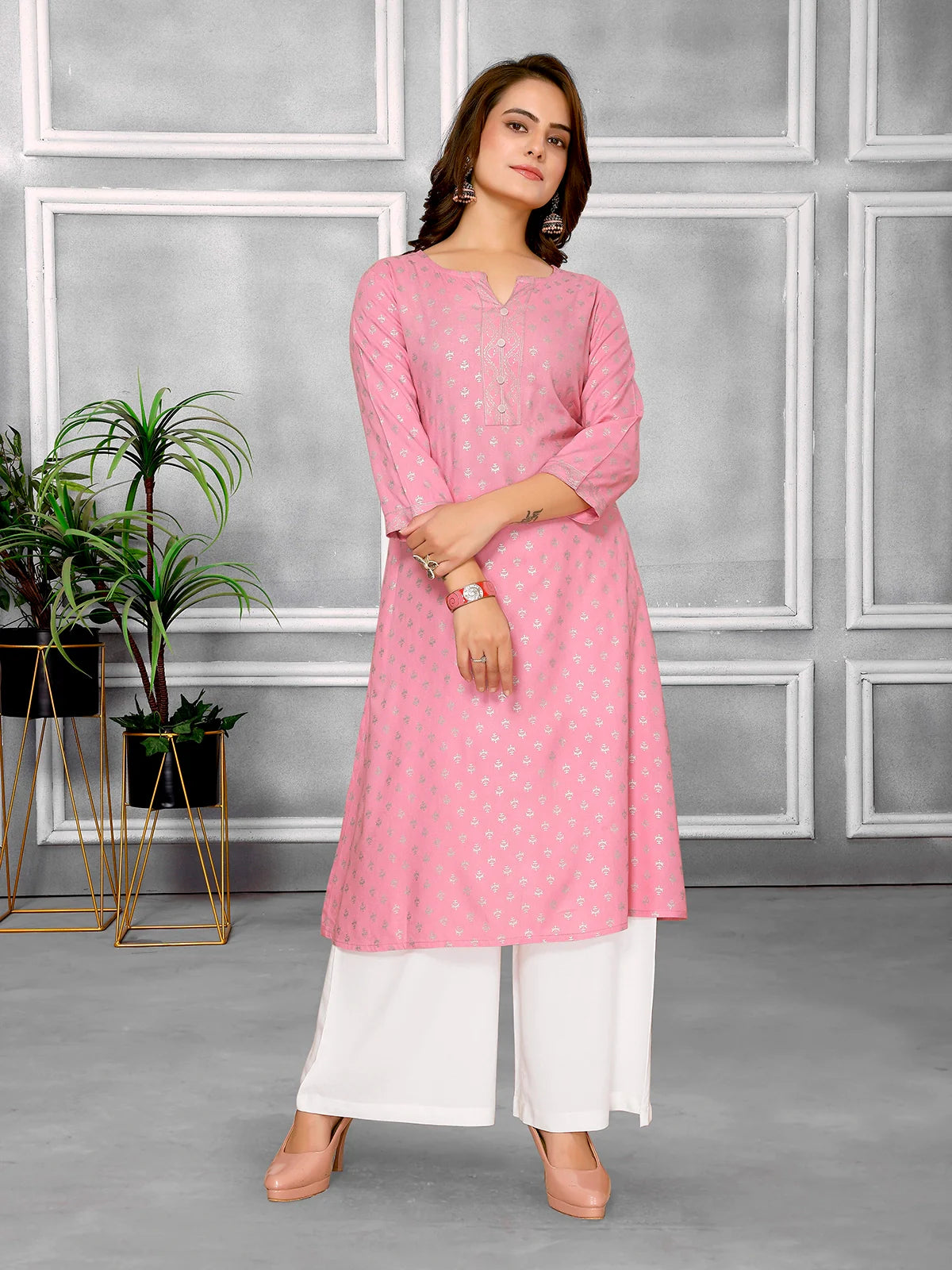 Buy Rayon Printed Calf Length A-line Kurta-Pink