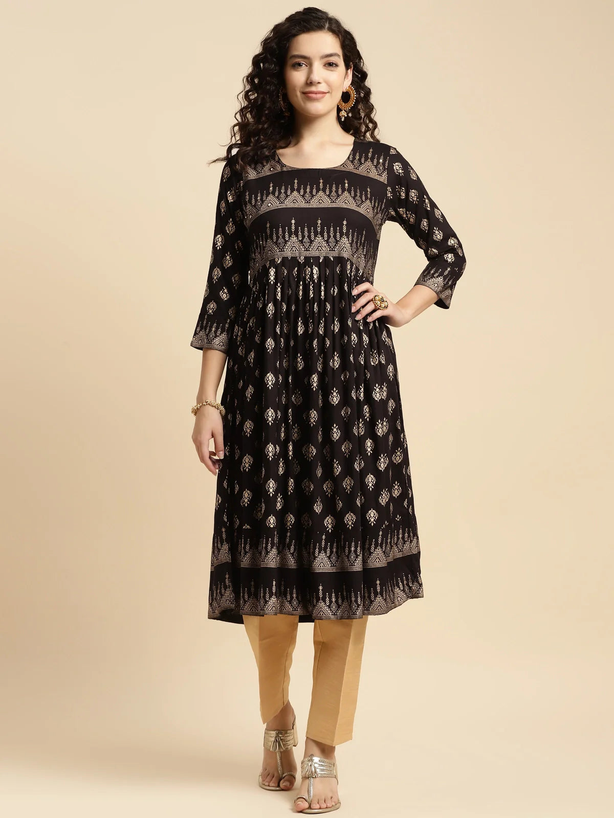 Buy Rayon Printed Calf Length Flared Kurta-Black