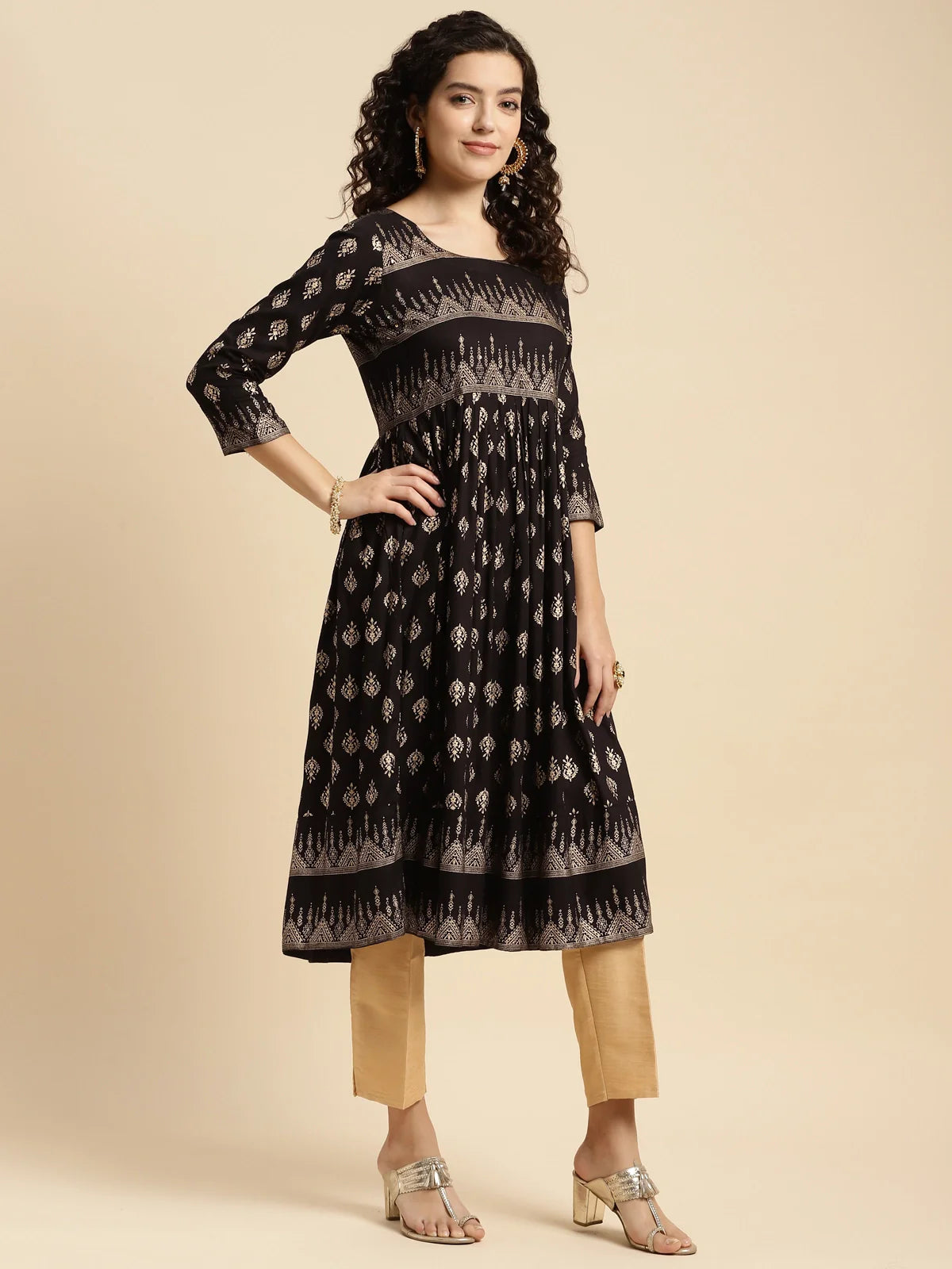 Buy Rayon Printed Calf Length Flared Kurta-Black