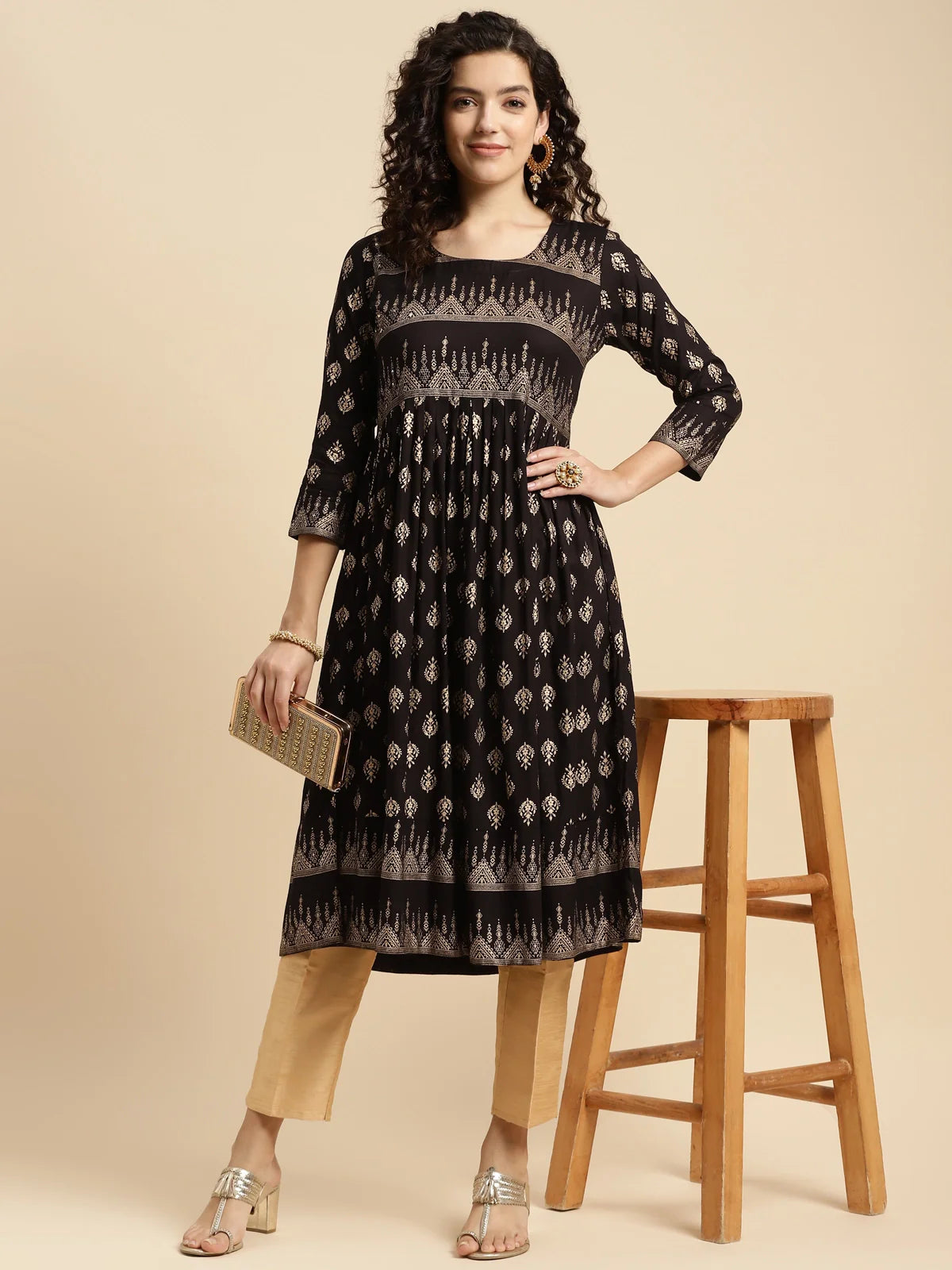 Buy Rayon Printed Calf Length Flared Kurta-Black