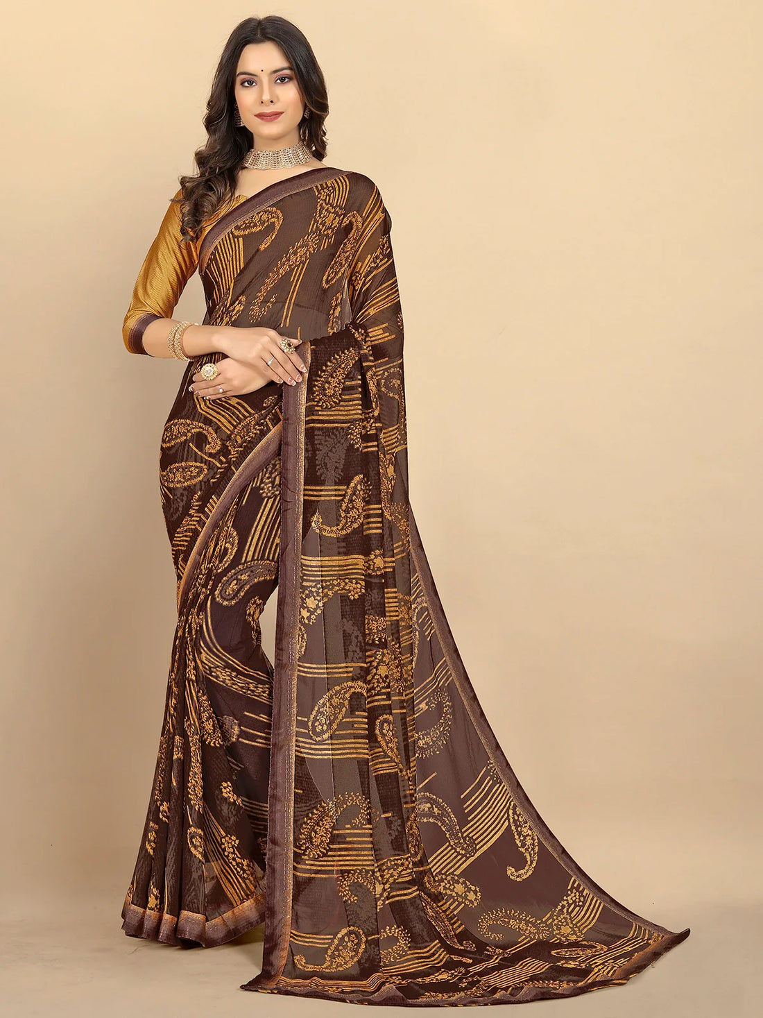 Buy Abstract Printed Georgette Saree With Blouse Piece-Brown