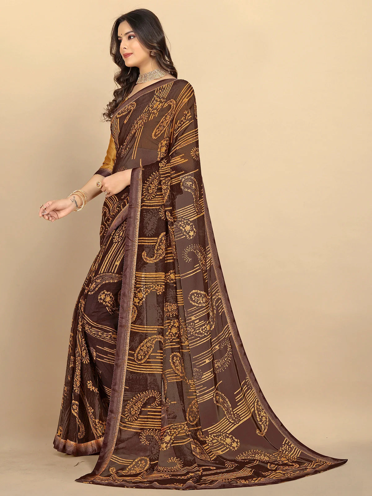 Buy Abstract Printed Georgette Saree With Blouse Piece-Brown