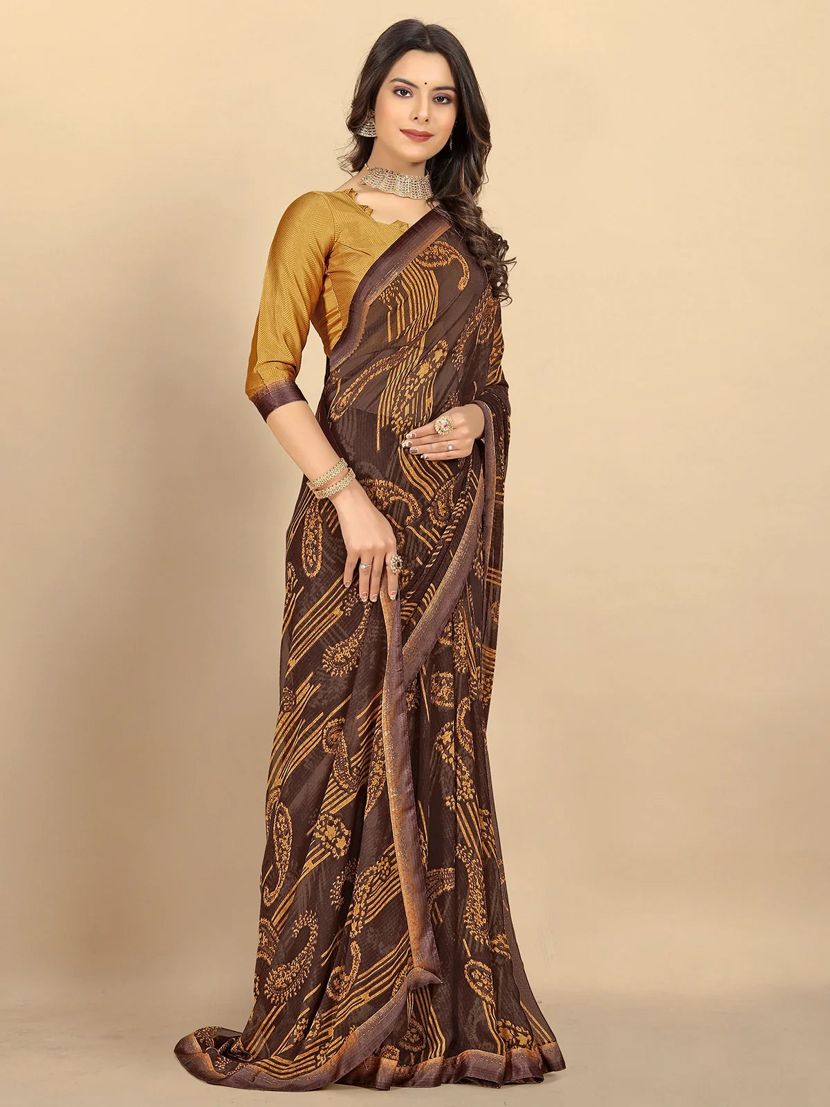 Buy Abstract Printed Georgette Saree With Blouse Piece-Brown