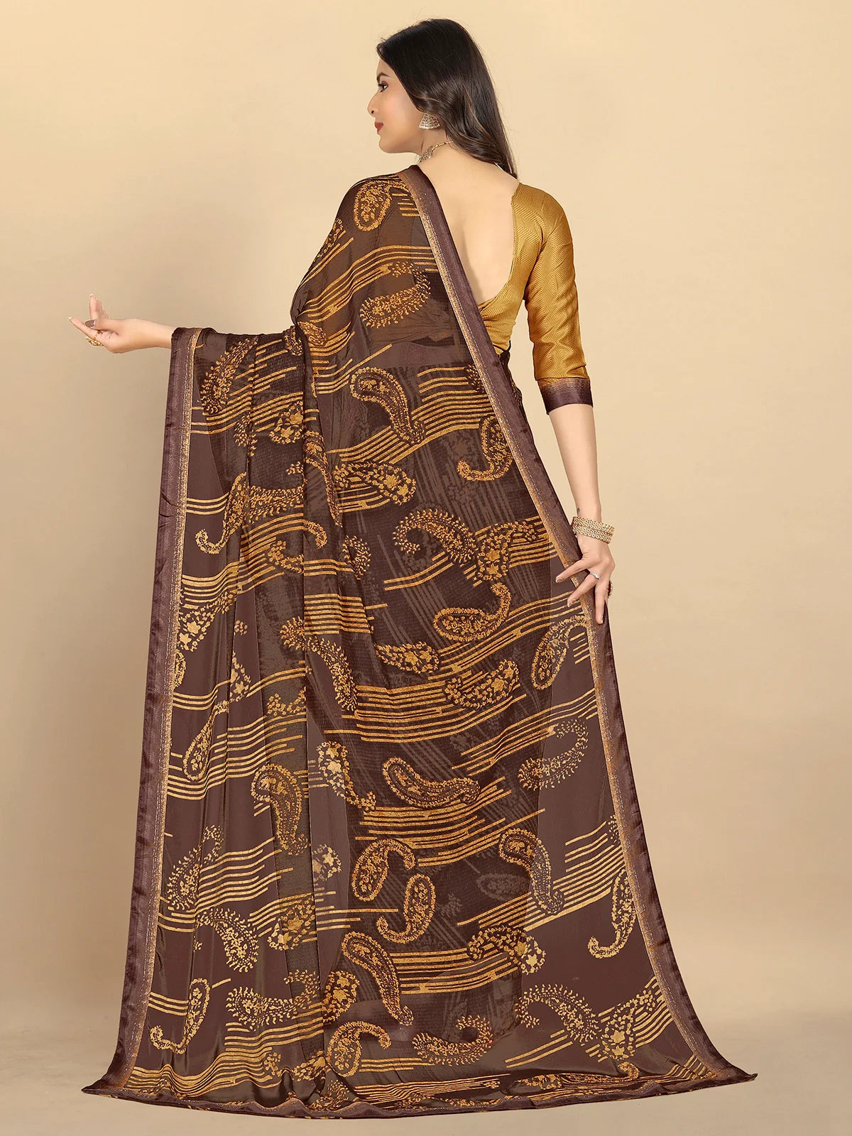 Buy Abstract Printed Georgette Saree With Blouse Piece-Brown