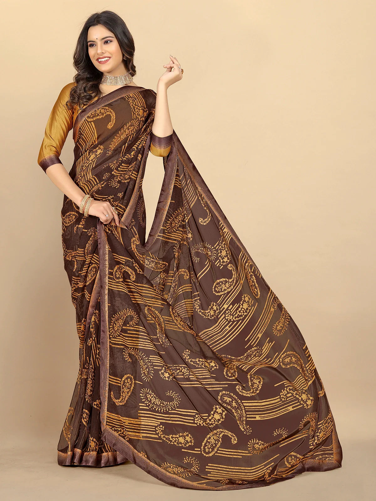 Buy Abstract Printed Georgette Saree With Blouse Piece-Brown