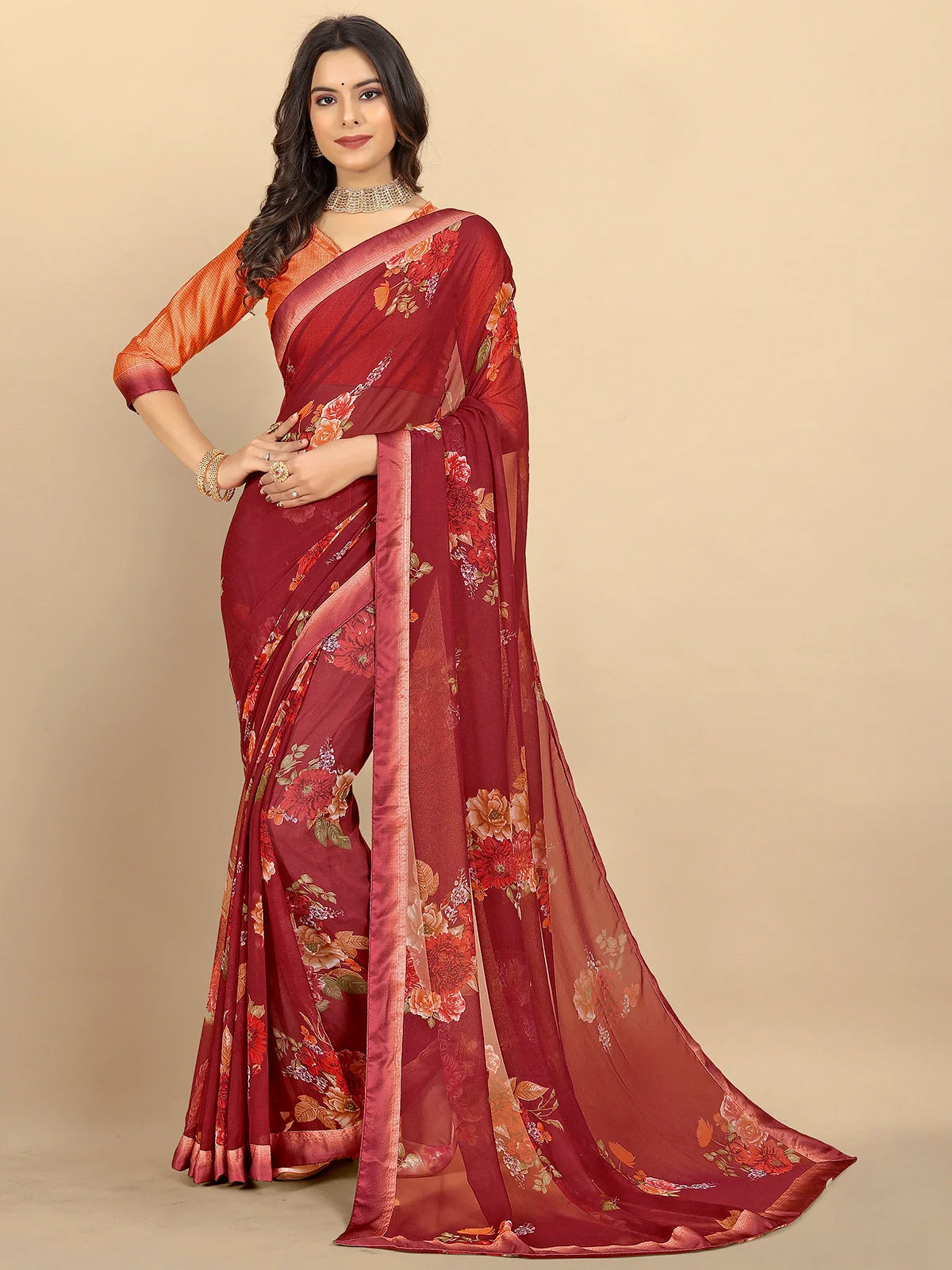 Buy Floral Printed Georgette Saree With Blouse Piece-Maroon