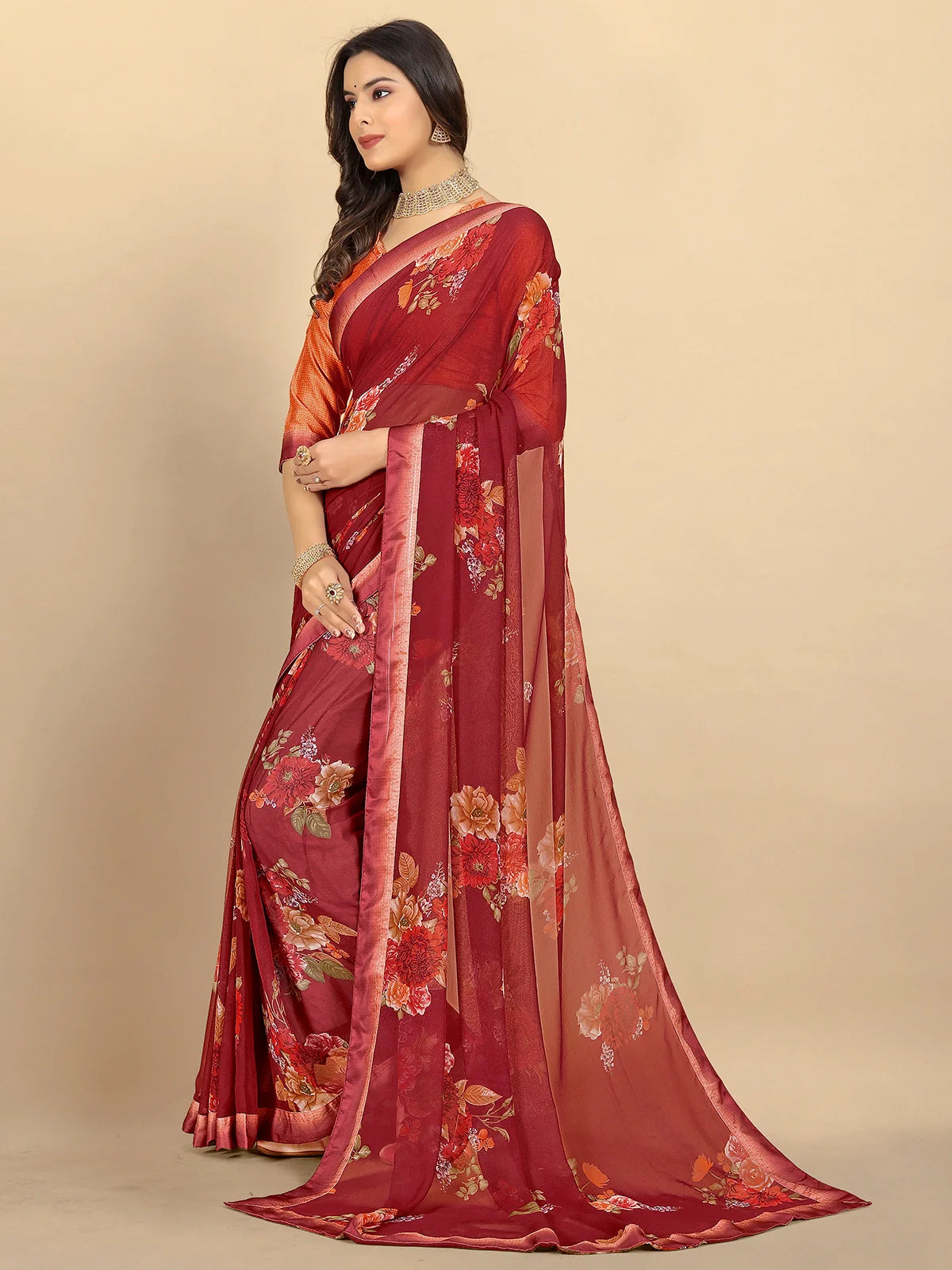 Buy Floral Printed Georgette Saree With Blouse Piece-Maroon