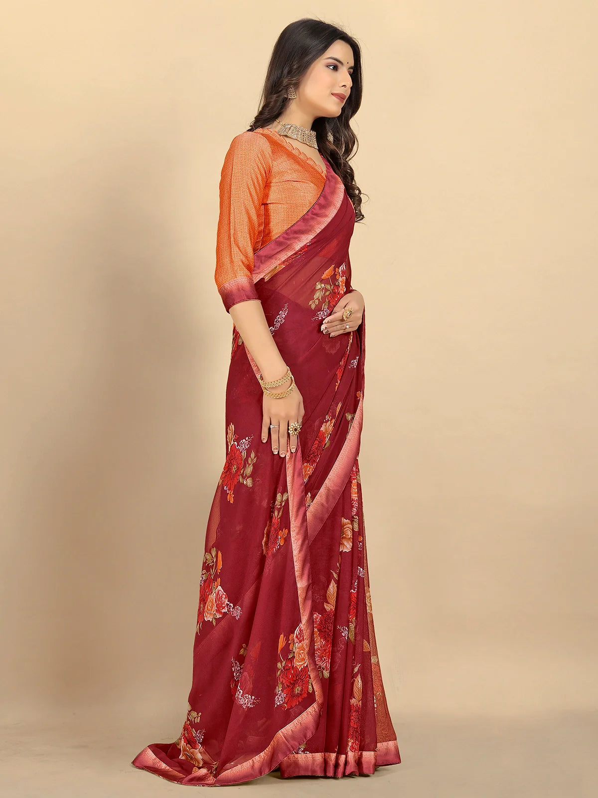 Buy Floral Printed Georgette Saree With Blouse Piece-Maroon