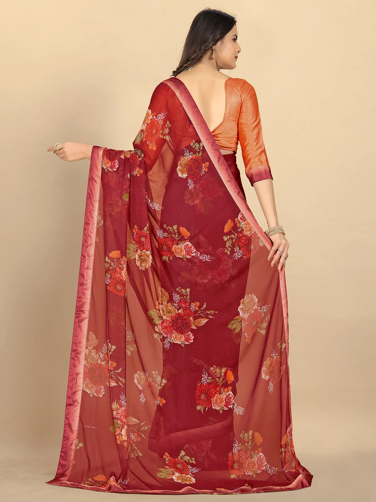 Buy Floral Printed Georgette Saree With Blouse Piece-Maroon