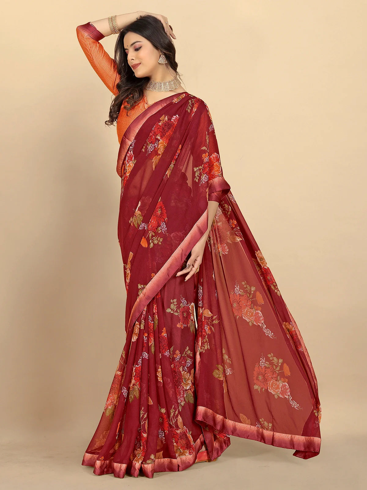 Buy Floral Printed Georgette Saree With Blouse Piece-Maroon