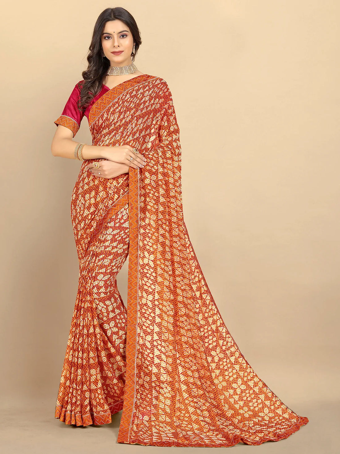 Buy Abstract Printed Georgette Saree With Blouse Piece-Mustard