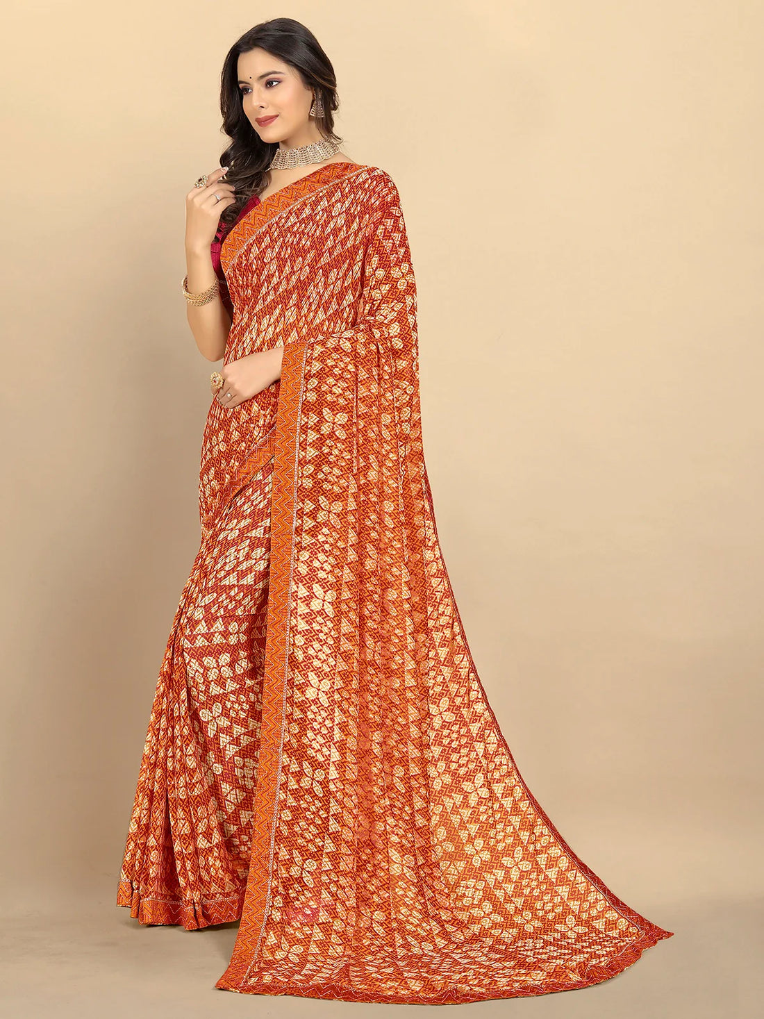 Buy Abstract Printed Georgette Saree With Blouse Piece-Mustard