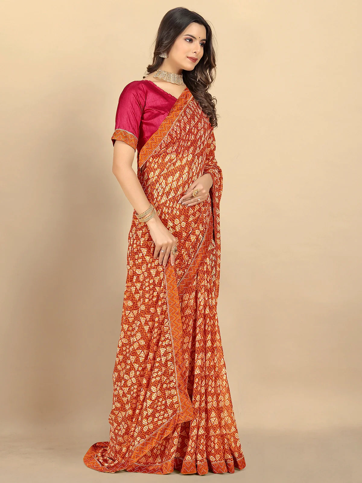 Buy Abstract Printed Georgette Saree With Blouse Piece-Mustard