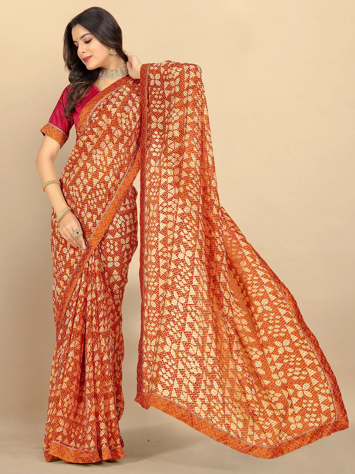 Buy Abstract Printed Georgette Saree With Blouse Piece-Mustard