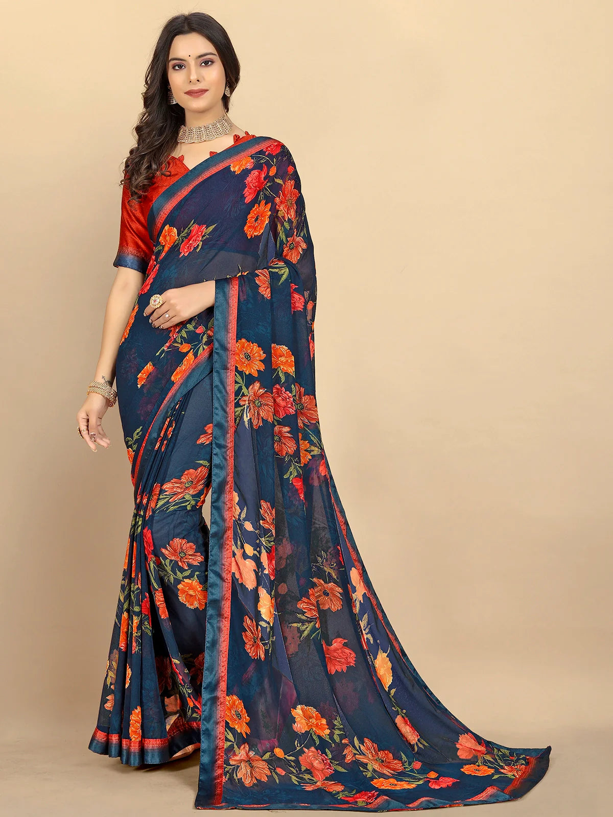 Buy Floral Printed Georgette Saree With Blouse Piece-Navy Blue