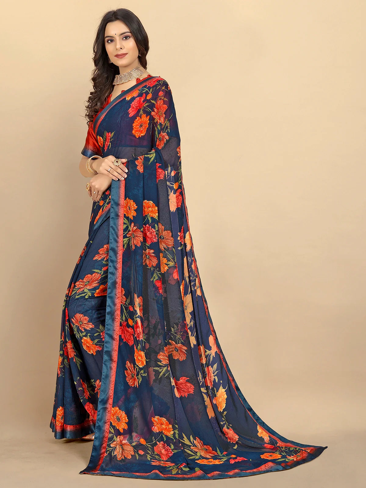 Buy Floral Printed Georgette Saree With Blouse Piece-Navy Blue