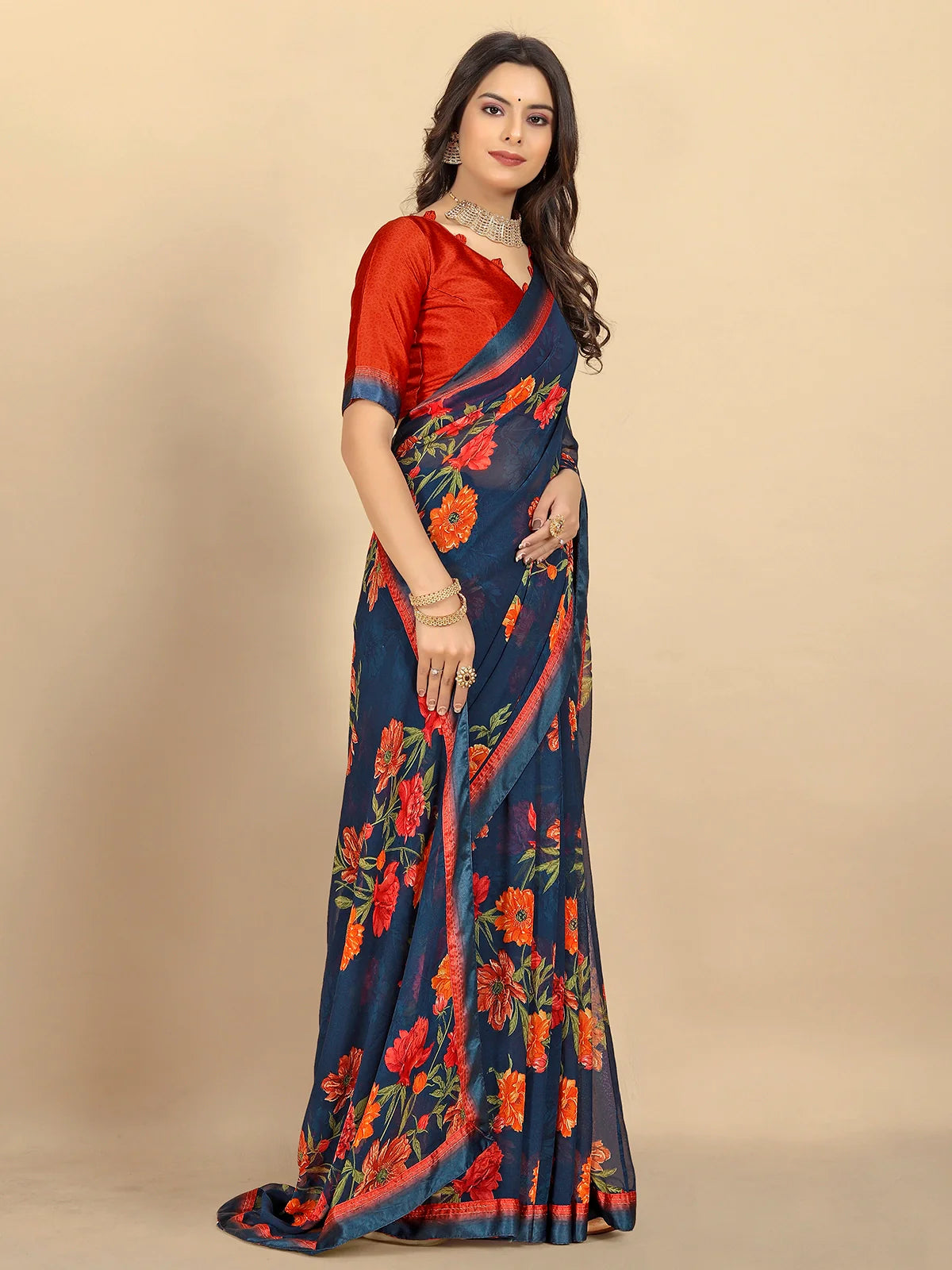 Buy Floral Printed Georgette Saree With Blouse Piece-Navy Blue