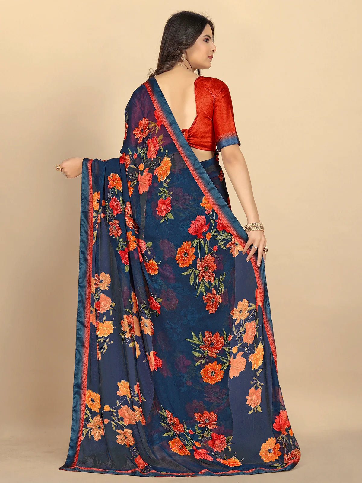 Buy Floral Printed Georgette Saree With Blouse Piece-Navy Blue