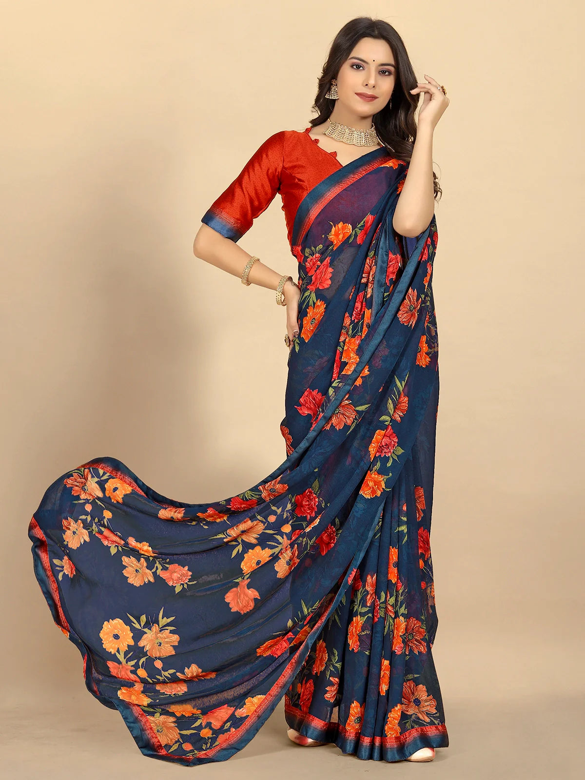 Buy Floral Printed Georgette Saree With Blouse Piece-Navy Blue