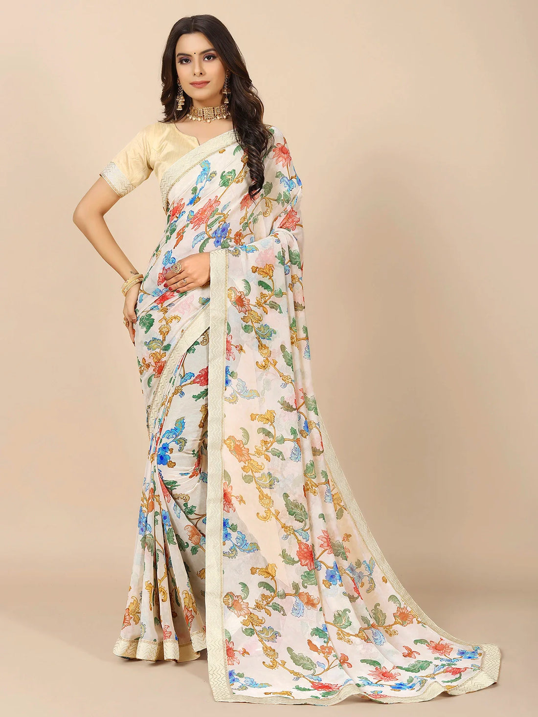 Buy Floral Printed Georgette Saree With Blouse Piece-Off White