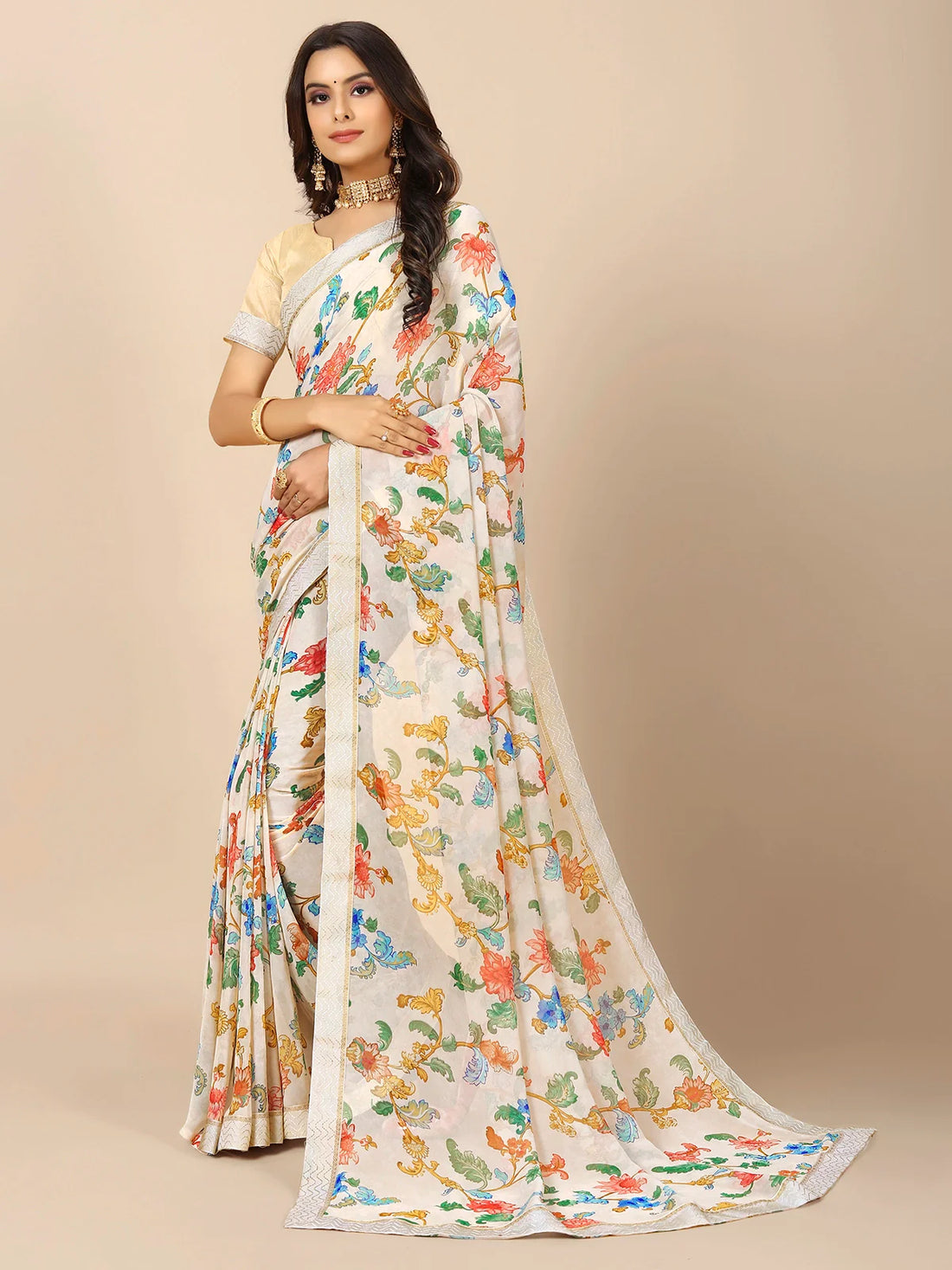 Buy Floral Printed Georgette Saree With Blouse Piece-Off White