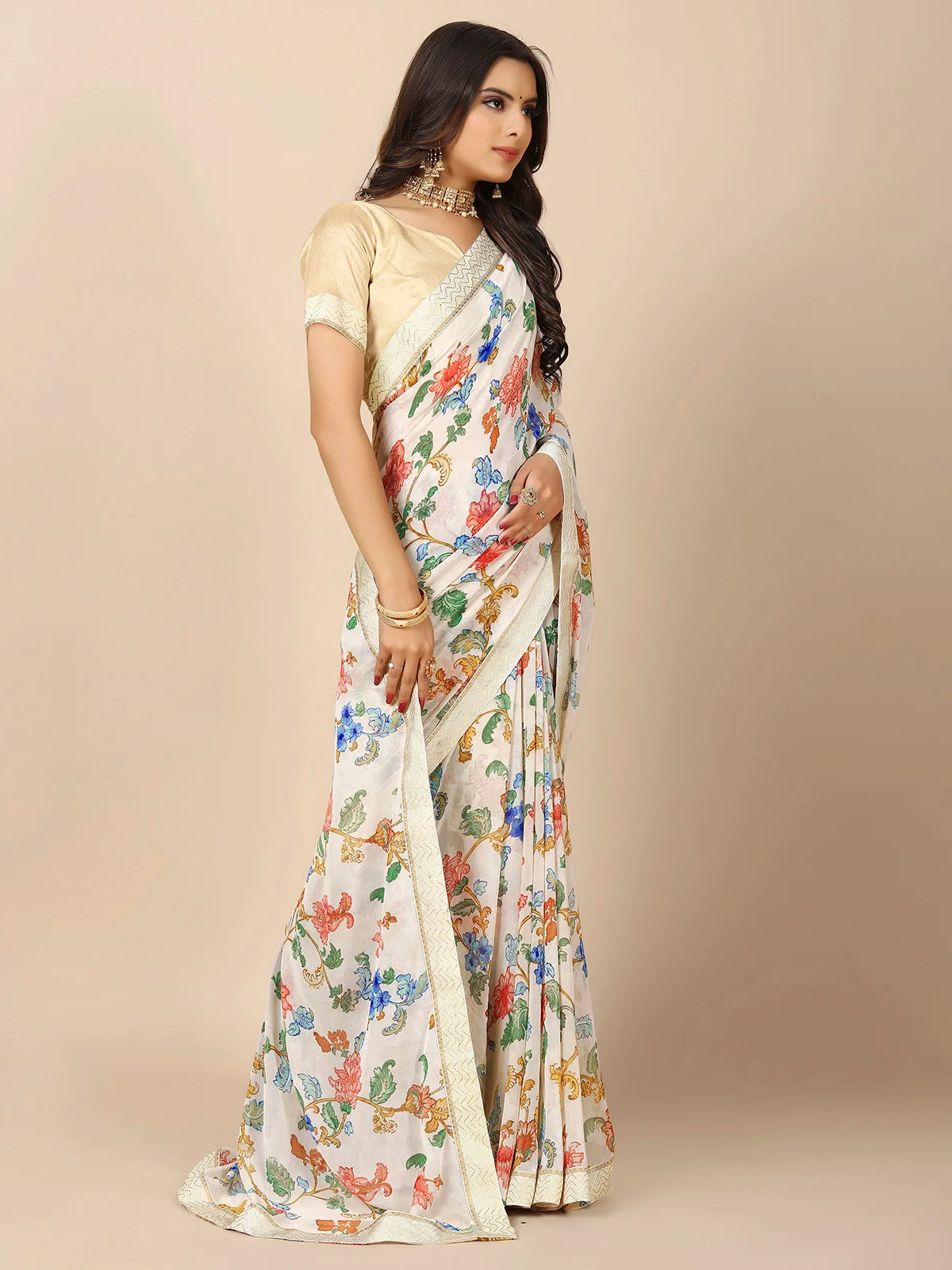 Buy Floral Printed Georgette Saree With Blouse Piece-Off White