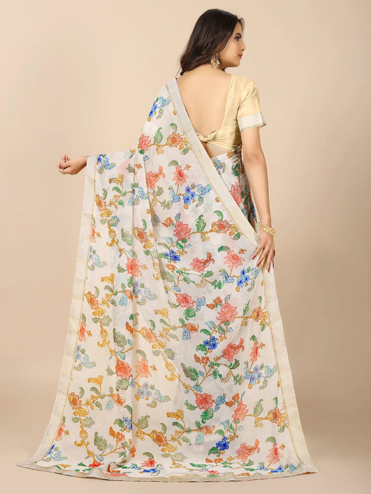 Buy Floral Printed Georgette Saree With Blouse Piece-Off White