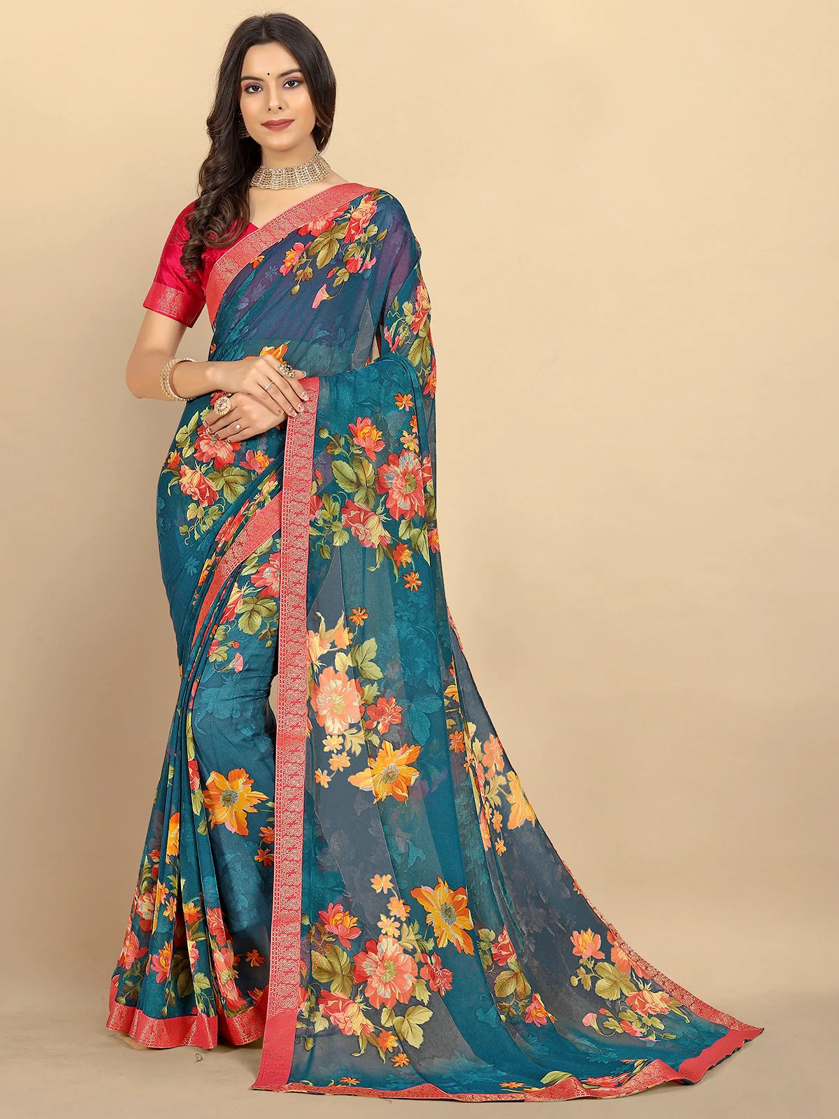 Buy Floral Printed Georgette Saree With Blouse Piece-Teal