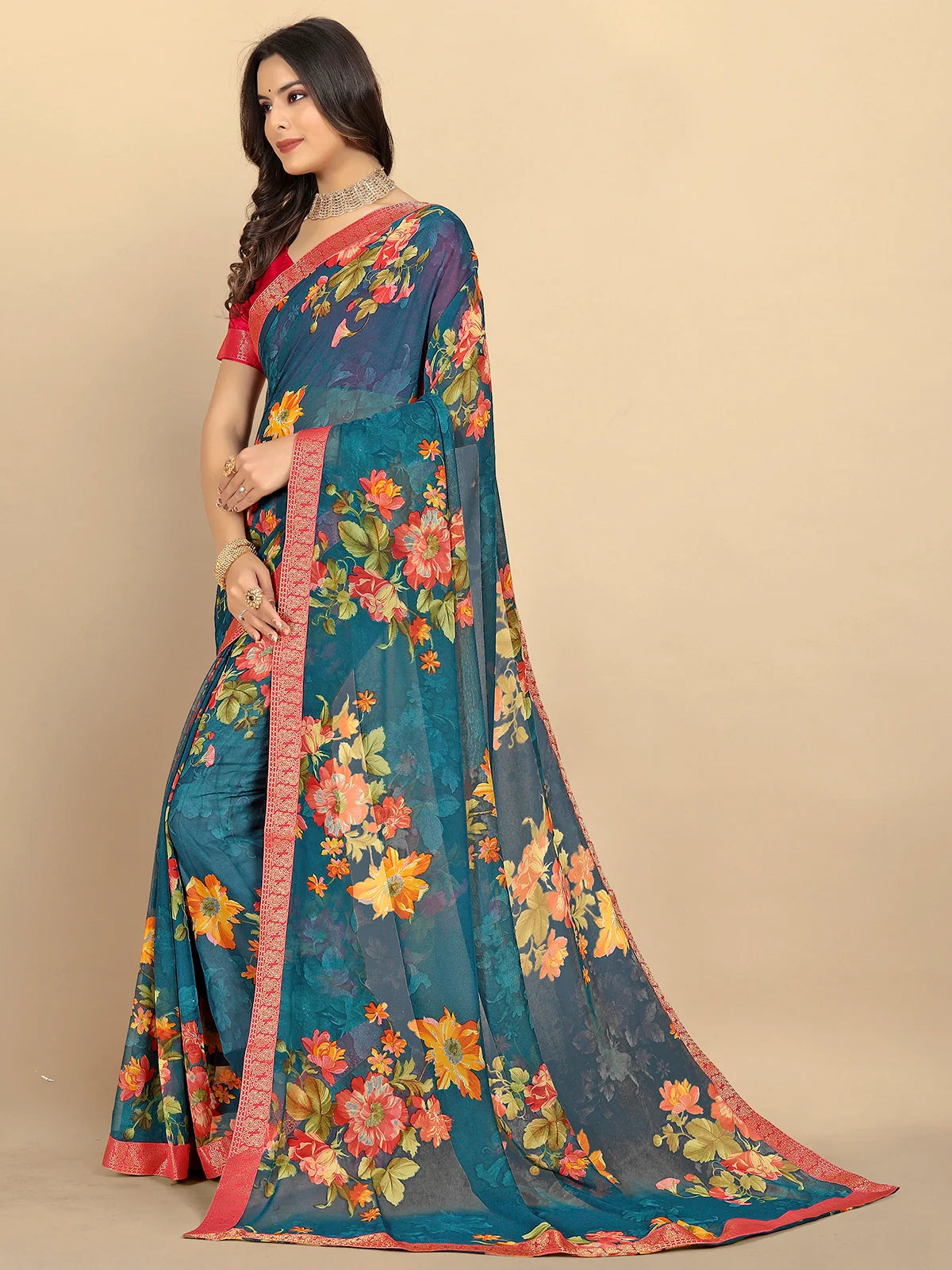 Buy Floral Printed Georgette Saree With Blouse Piece-Teal